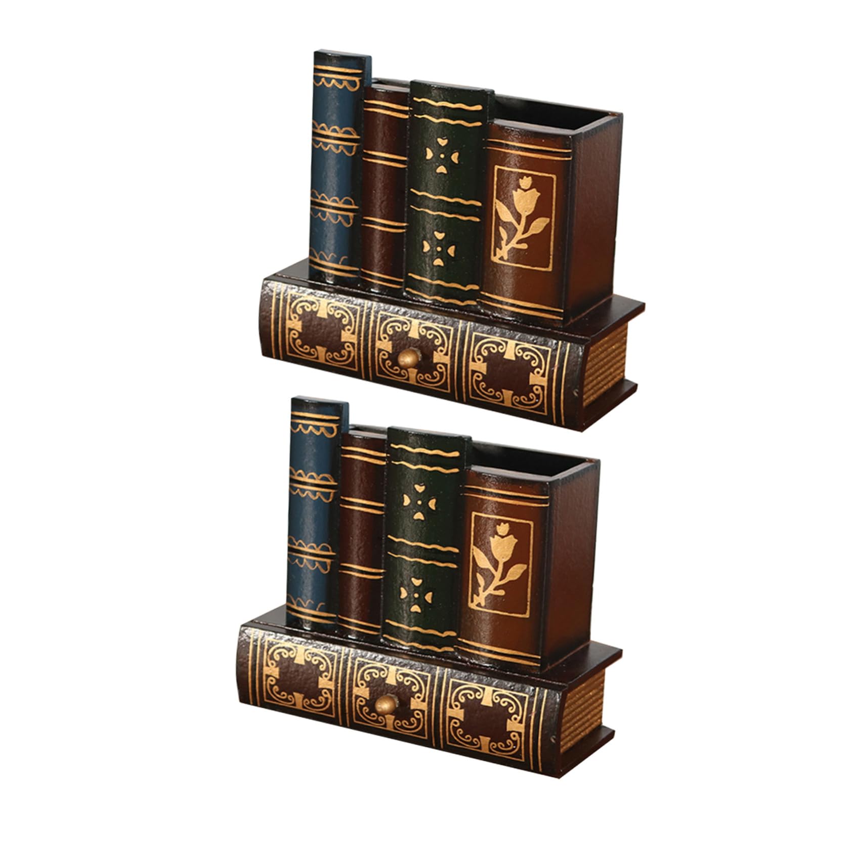 2 Piezas Portalápices de Madera Estilo Europeo Retro de Organizadores de Escritorio con Cajón Oculto Contenedor Falso Forma de Libro para Oficina y Hogar Decoración Rústica