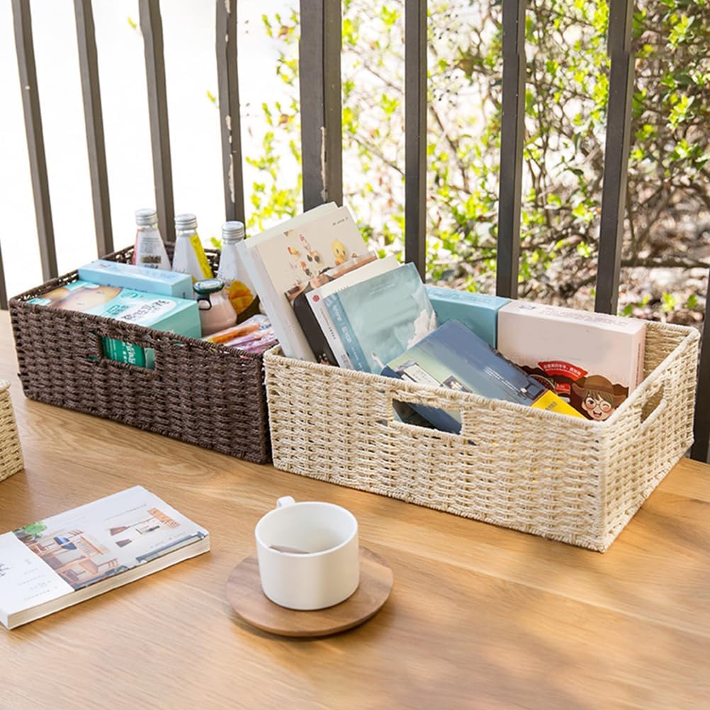 PRETYZOOM Handmade Rattan Woven Storage Basket Brown Storage Container with Handle for Organizing Blankets Toys and More Ideal Decorative Storage Bin for Home and Living Spaces