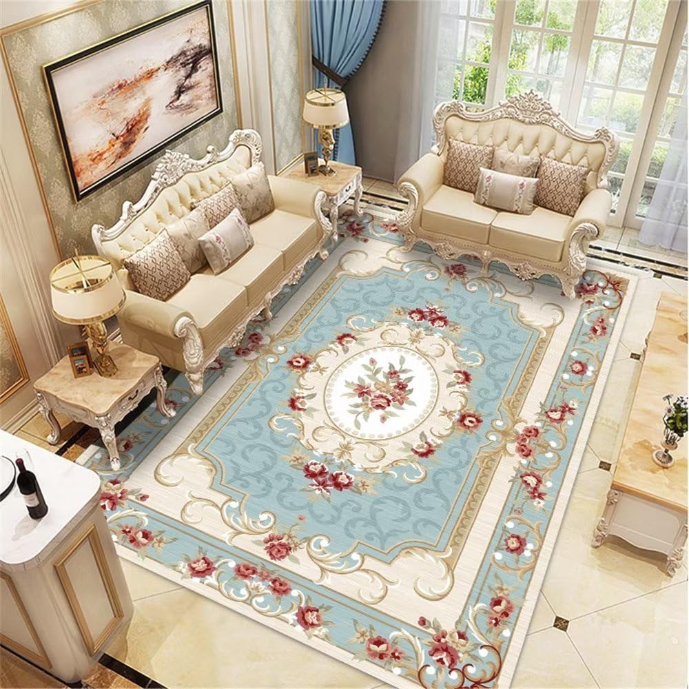 Tapis lavable bleu clair 200x300cm géométrique pour salon