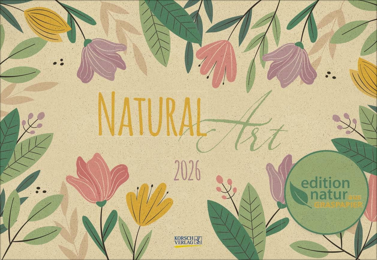 Natural Art Graspapier 2026: Broschürenkalender mit Ferienterminen. Format: 42 x 29 cm