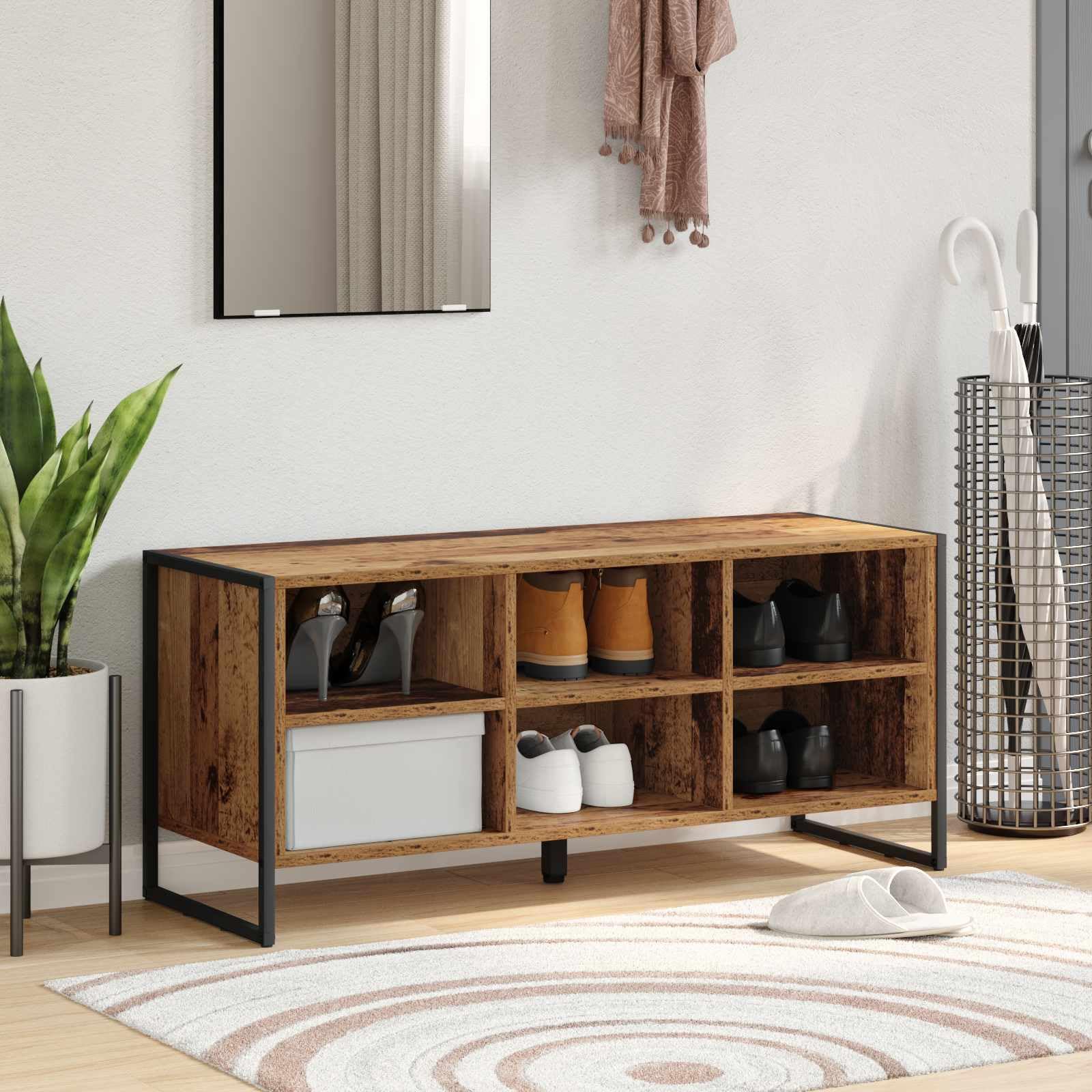 Scarpiera in legno anticato, 100 x 35 x 44 cm, stretta chiusa con gambe in metallo, salvaspazio, per corridoio, soggiorno, come scarpiera, organizer e sistema di conservazione