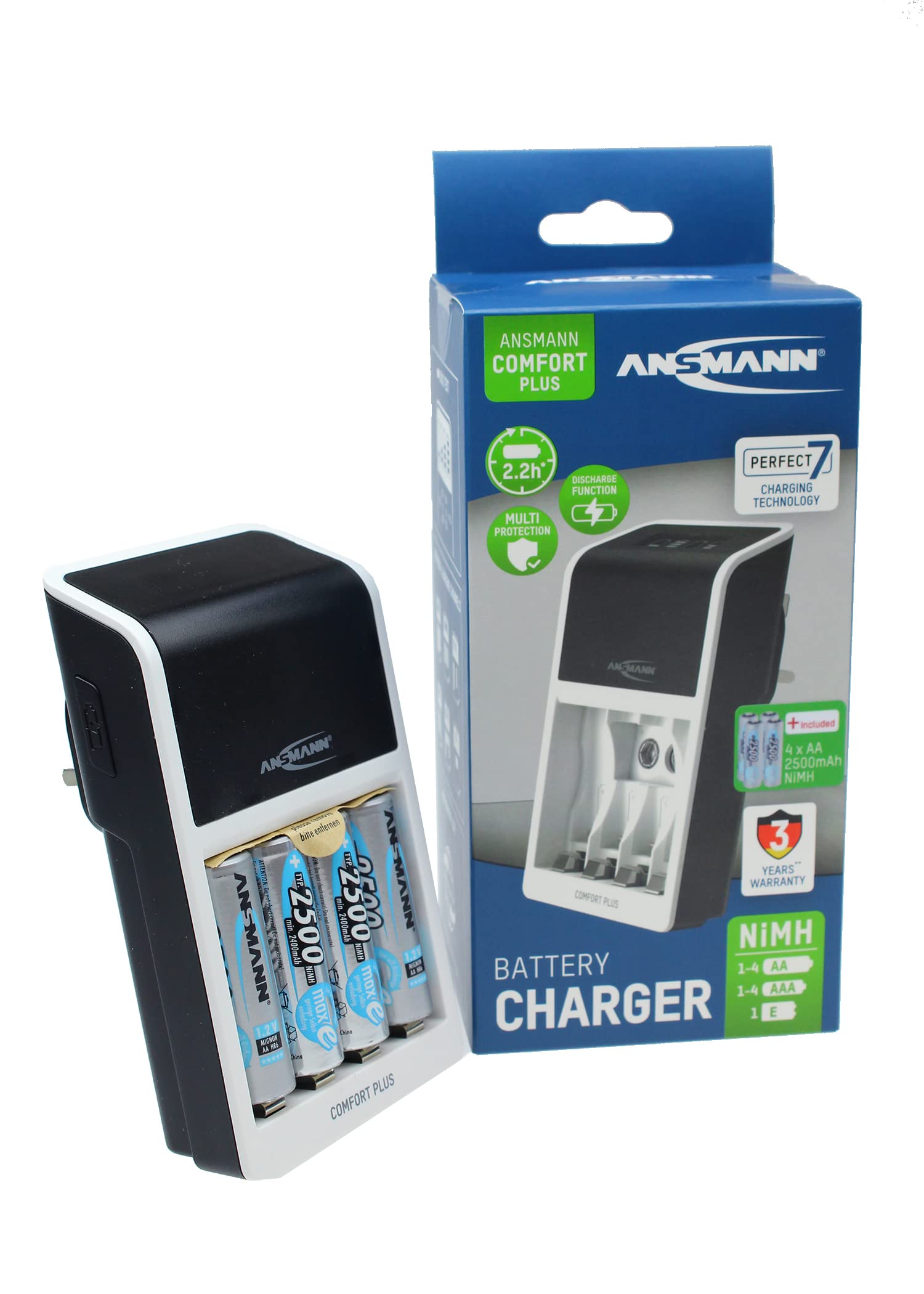 Ansmann Comfort Plus AA, AAA & 9V Battery Charger For NiMH NiCd Rechargeable Batteries with UK 3-Pin Plug & 4 x AA 2500mAh Batteries - 3 Yr Warranty, White, (1001-0094-44-02)
