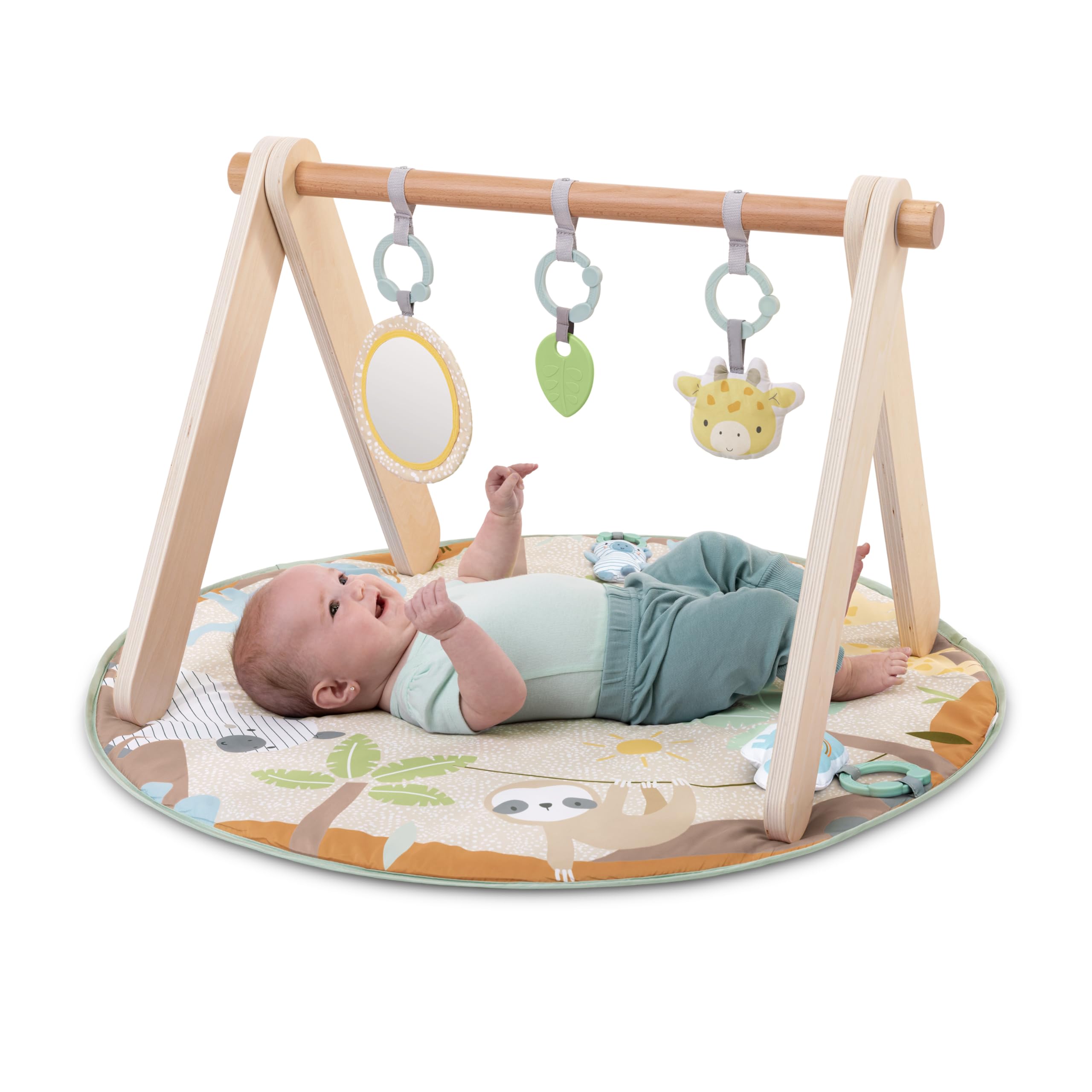 Ingenuity Wonder & Wood Baby Play Mat & Wooden Toy Arch - Play Gym for Baby, Foldable A-Frame Bar with 3 Removable Toys, Machine-Washable Mat, Gender Neutral Baby Gift, for Ages 0-36 Months