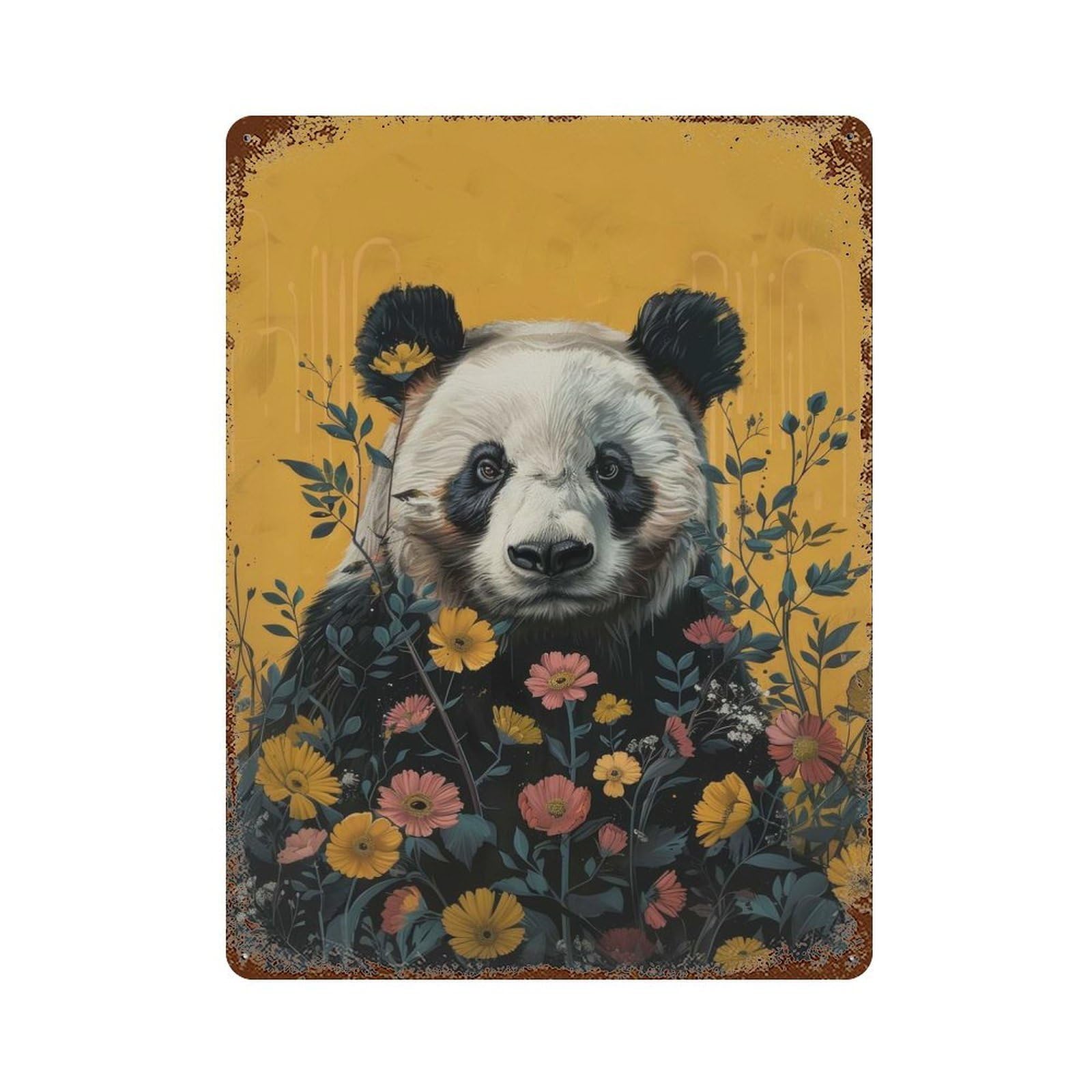 Garage Style Panda in Bloom Weathered Tin Sign 15.7"x11.8", Classic Wall Plaque for Bar And Workshop