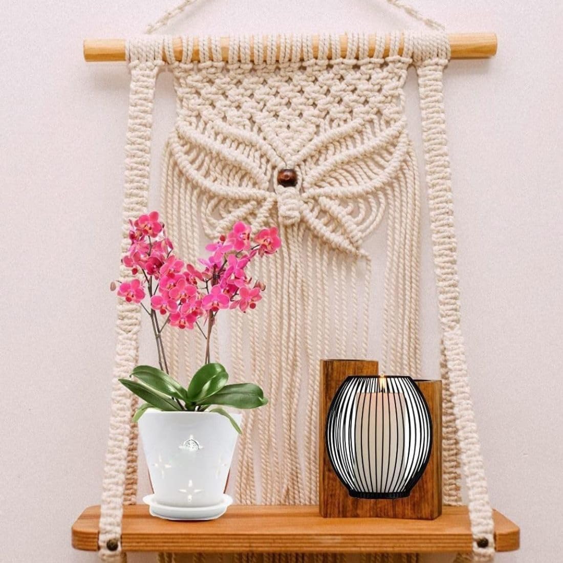 tms Unique Design Boho Handmade Macrame Hanging Decor Wall Decor Floating Shelf for Books and Planters Livingroom, Bedroom - Off-White - 12Wx5Dx24L inches (Butterfly)-image-32