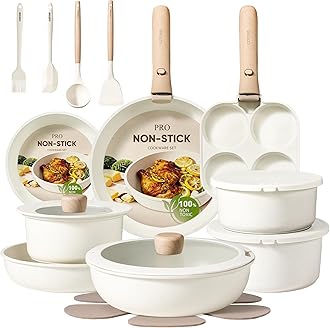 Pots and Pans Set Non Stick, Cookware Sets, Kitchen Set, Oven/Dishwasher/Fridge Safe, Space Saving Pots Set, Nonstick Set with Versatile Detachable Handle, Induction RV Set, Cream