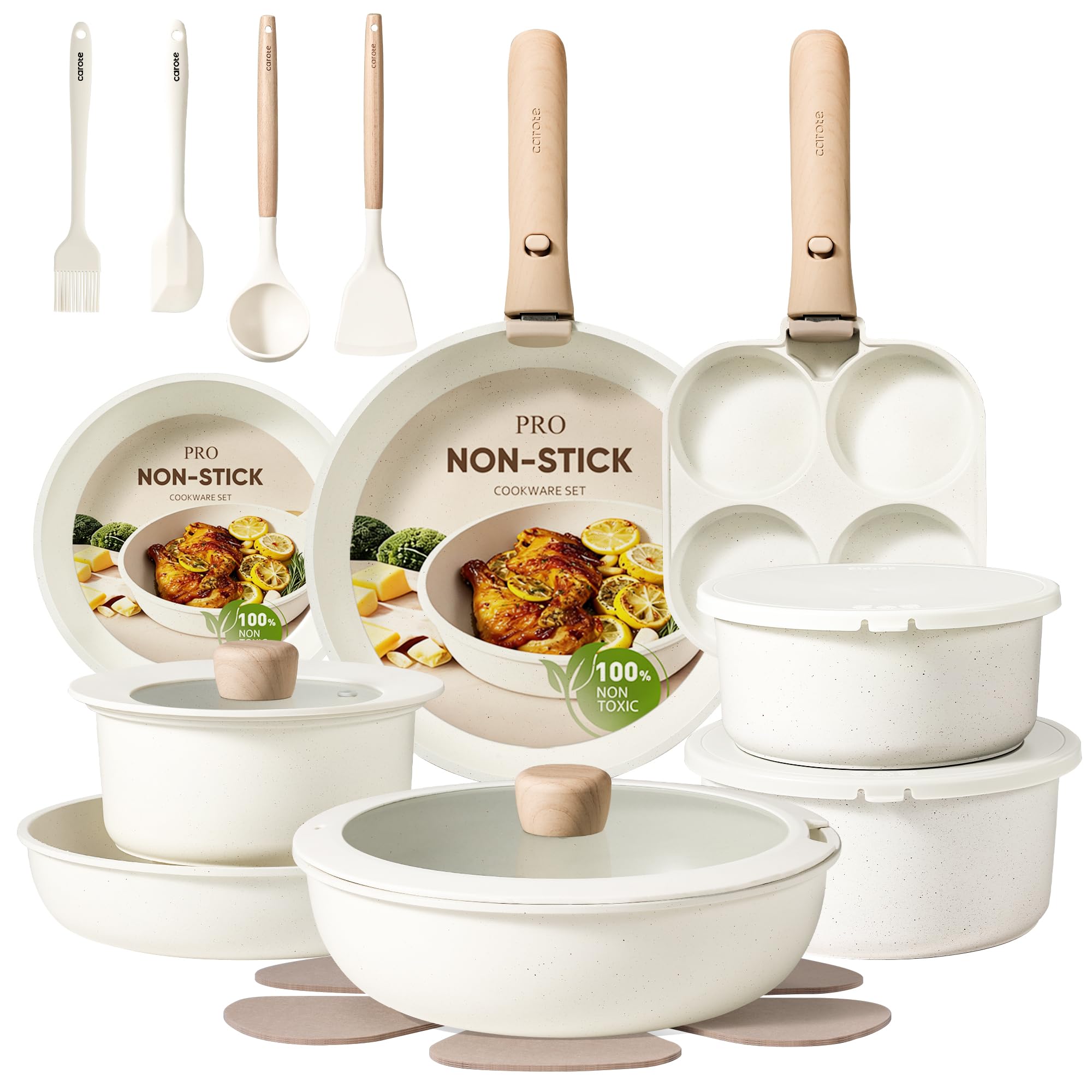 CAROTE Pots and Pans Set Non Stick, Cookware Sets, Kitchen Set, Oven/Dishwasher/Fridge Safe, Space Saving Pots Set, Nonstick Set with Versatile Detachable Handle, Induction RV Set, Cream