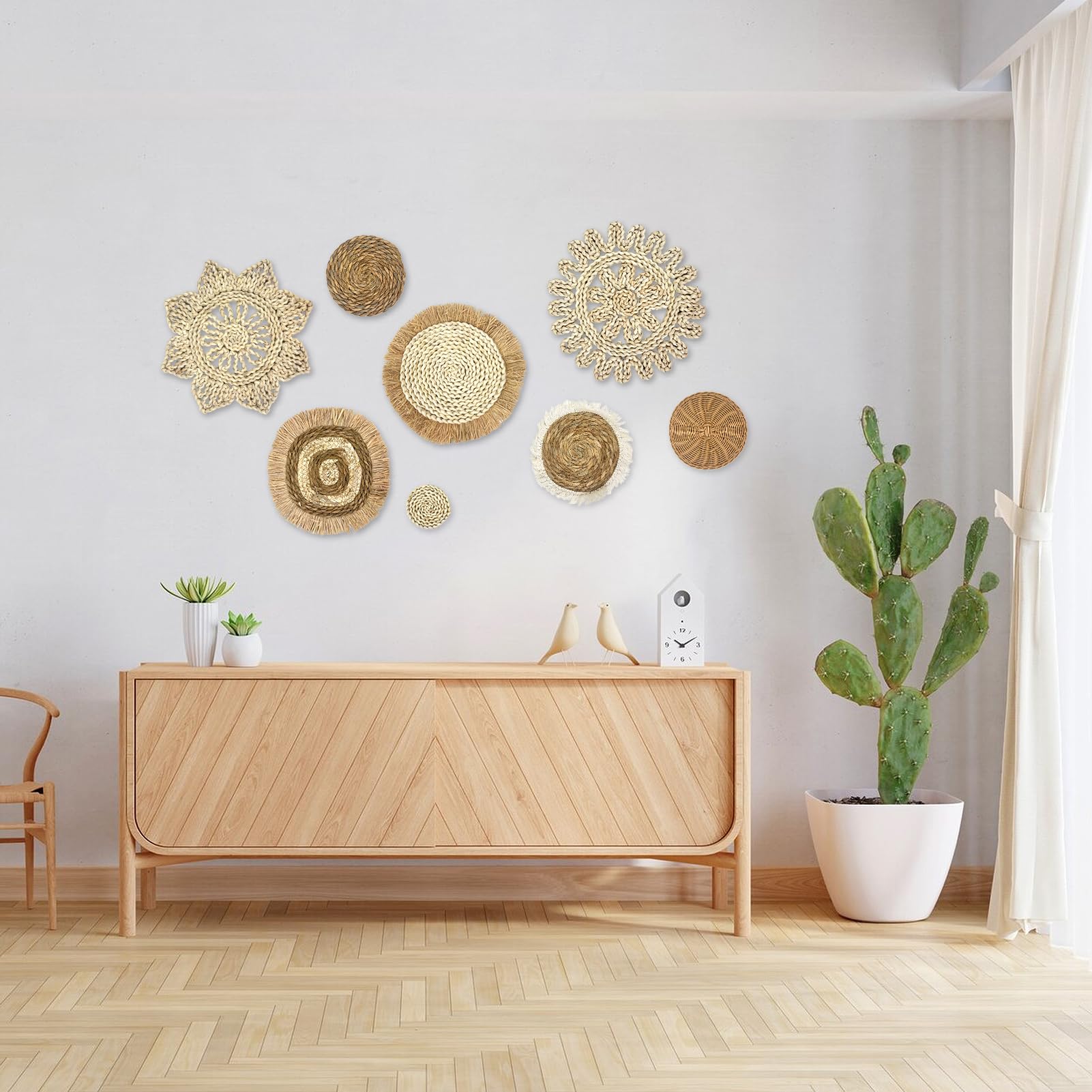 Lot de 8 paniers muraux décoratifs bohème, tressés à suspendre, en jonc de mer et rotin, paniers ronds faits à la main, avec franges, en feuille de maïs et joncs, décoration murale bohème pour salon