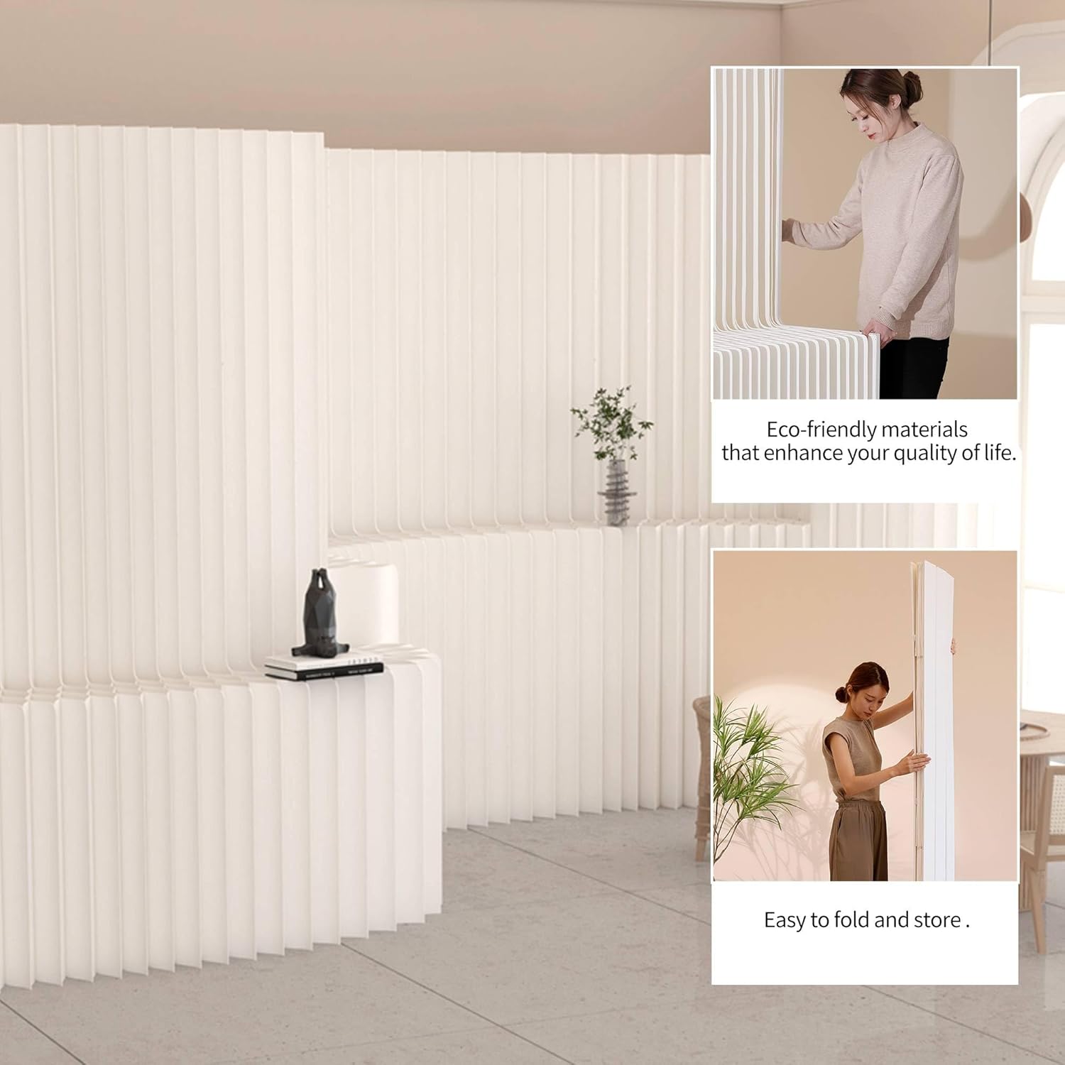 Folding Paper Room Divider 4 Tier Temporary Wall Foldable Wall Divider Retractable Room Dividers and Folding Privacy Screens for Home/Office/Clothing Store/Enterprise/Studio