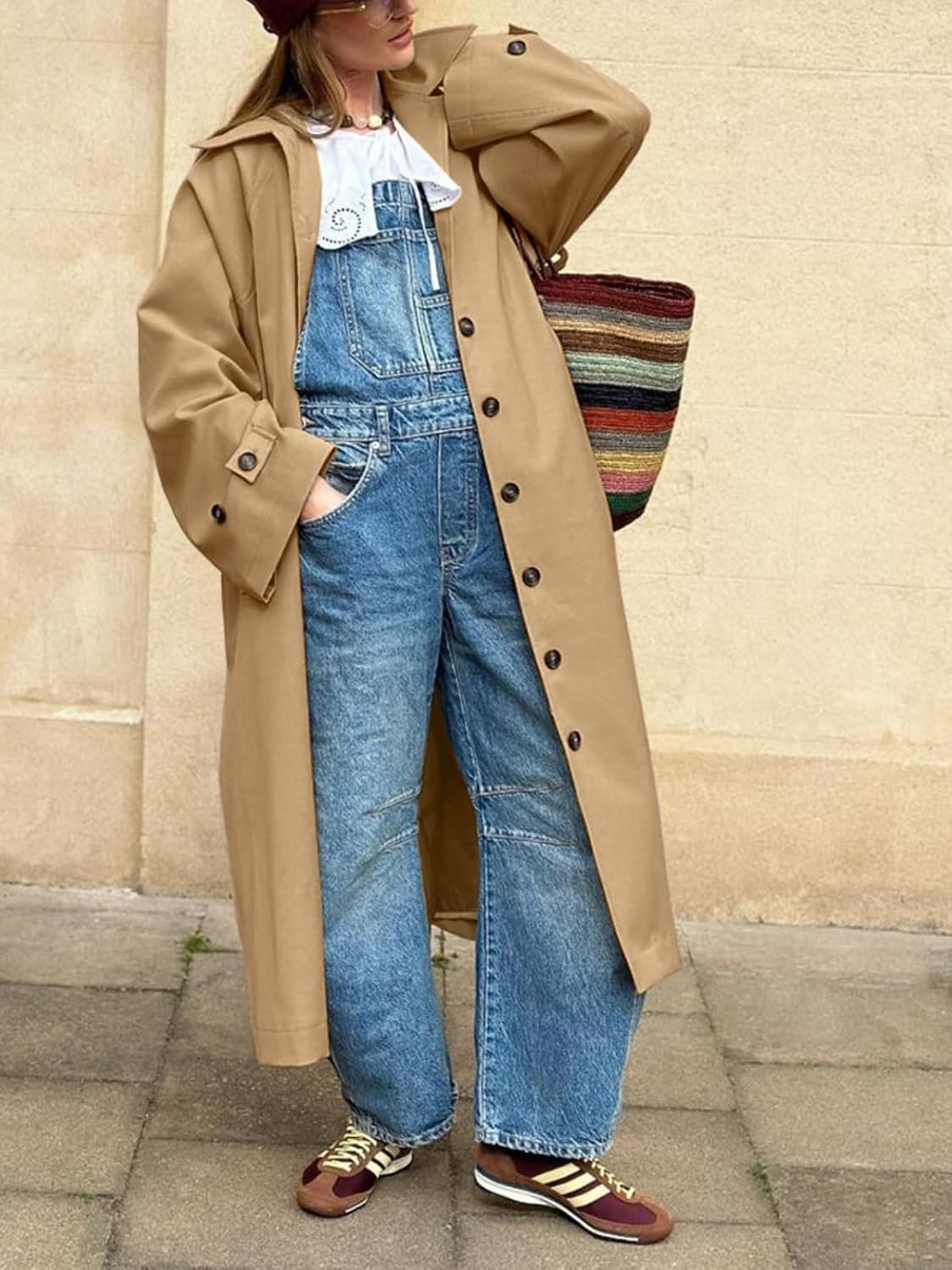 Tankaneo Womens Long Trench Coat Single Breasted Oversized Windproof Classic Lapel Fall Overcoat - Image 3