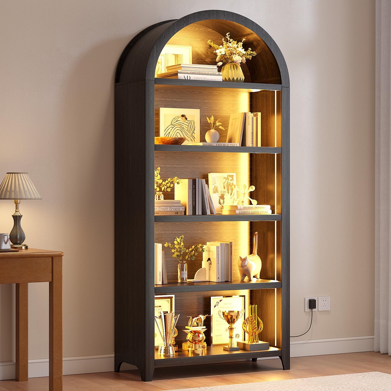Arch Bookcase - 5 Tiers Bookshelf with 3 Colors LED Sensor Lights and Thickened Wooden Design Display Shelf for Lego Books Bathroom Living Room - Ideal Gift (Black)