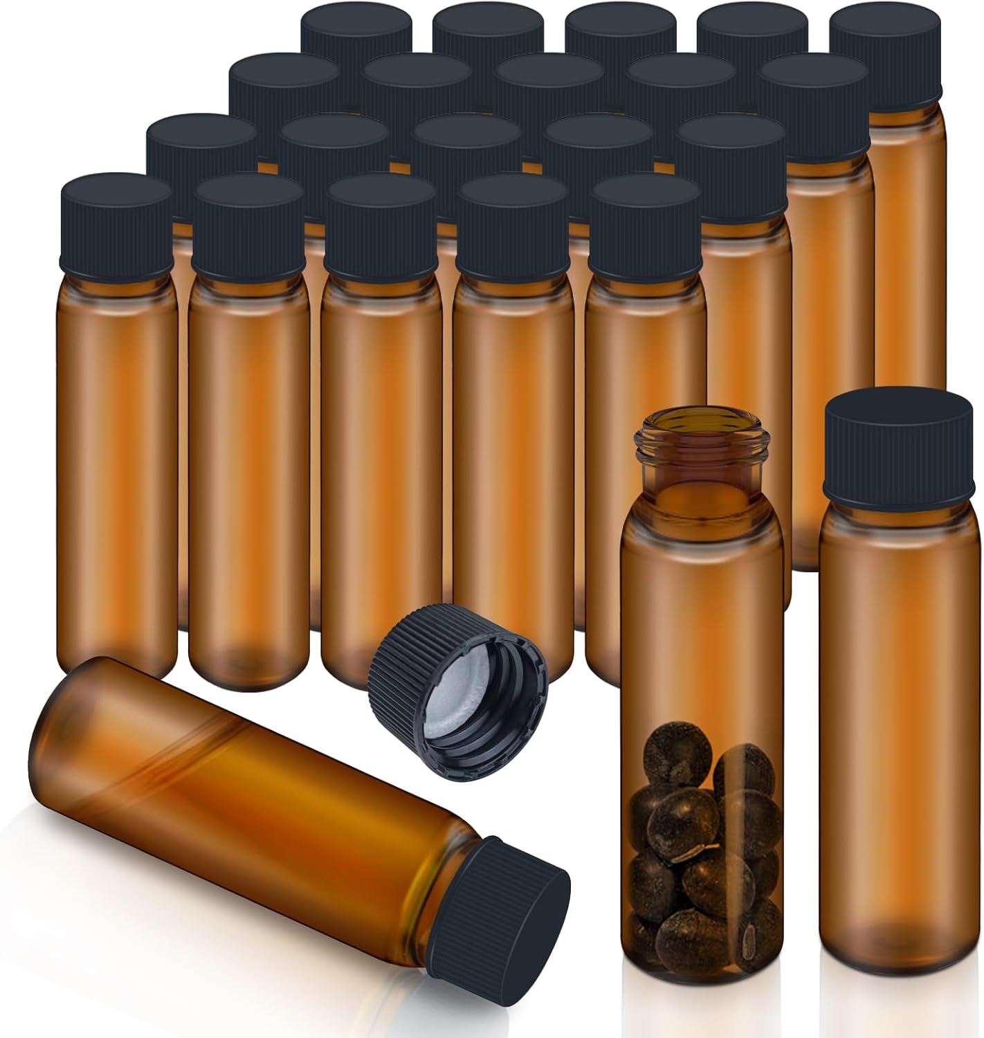 1.7 Oz/50ml 20Pcs Glass Sample Vials with Screw Cap and PE Liners Stopper, Leak-Proof Liquid Lab Sample Vial Test Vials - Brown