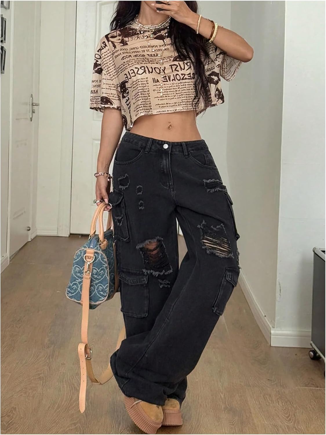 WDIRARA Women's Newspaper Print T Shirts Letter Graphic Crew Neck Short Sleeve Tee Crop Tops Streetwear - Image 5