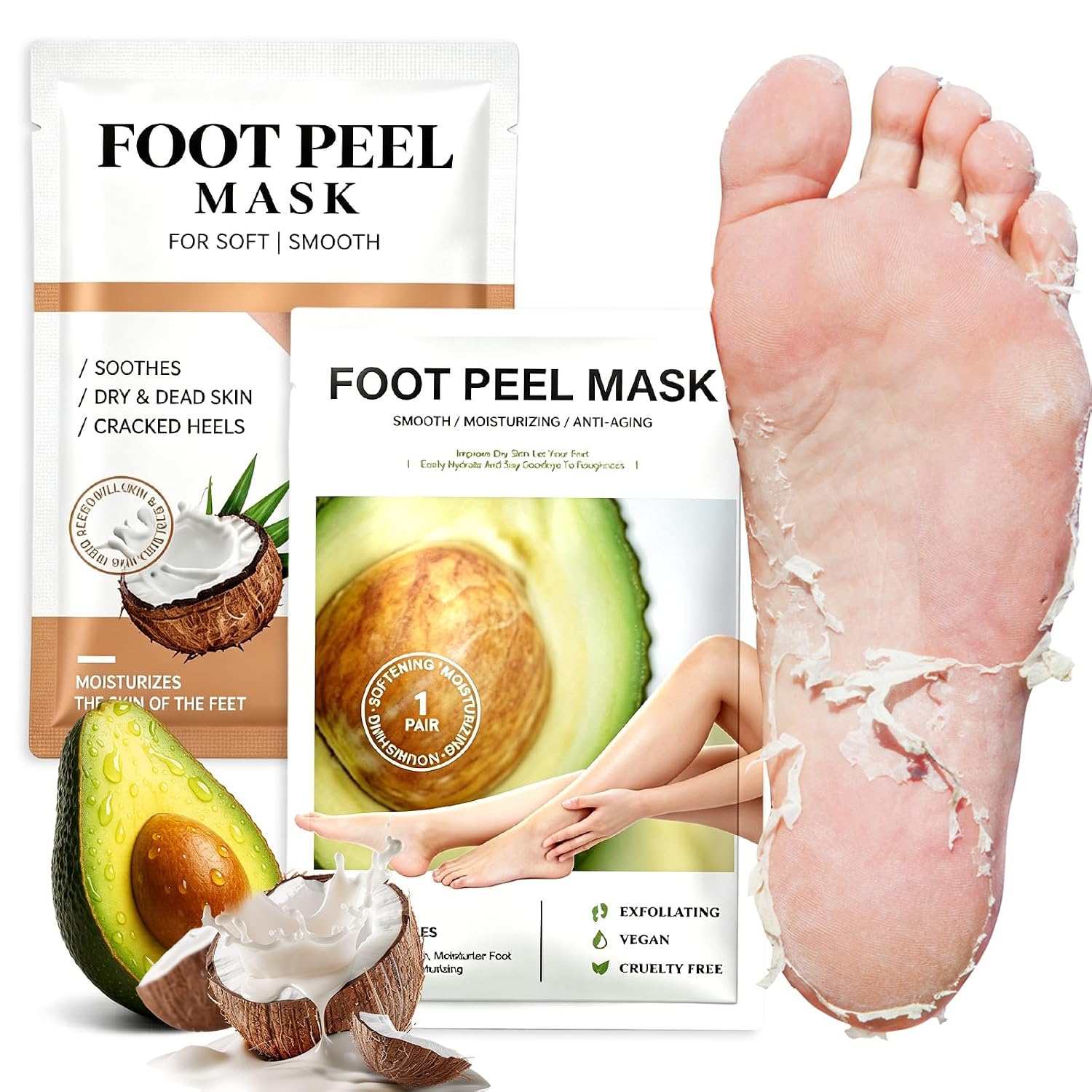 2 Paar Fußpeeling Maske, Hornhautentferner Socken, Fußmaske für trockene Haut, Feuchtigkeitsspendend, Entfernt abgestorbene Haut, Repariert Raue Fersen für Damen & Herren (Avocado & Kokosmilch)