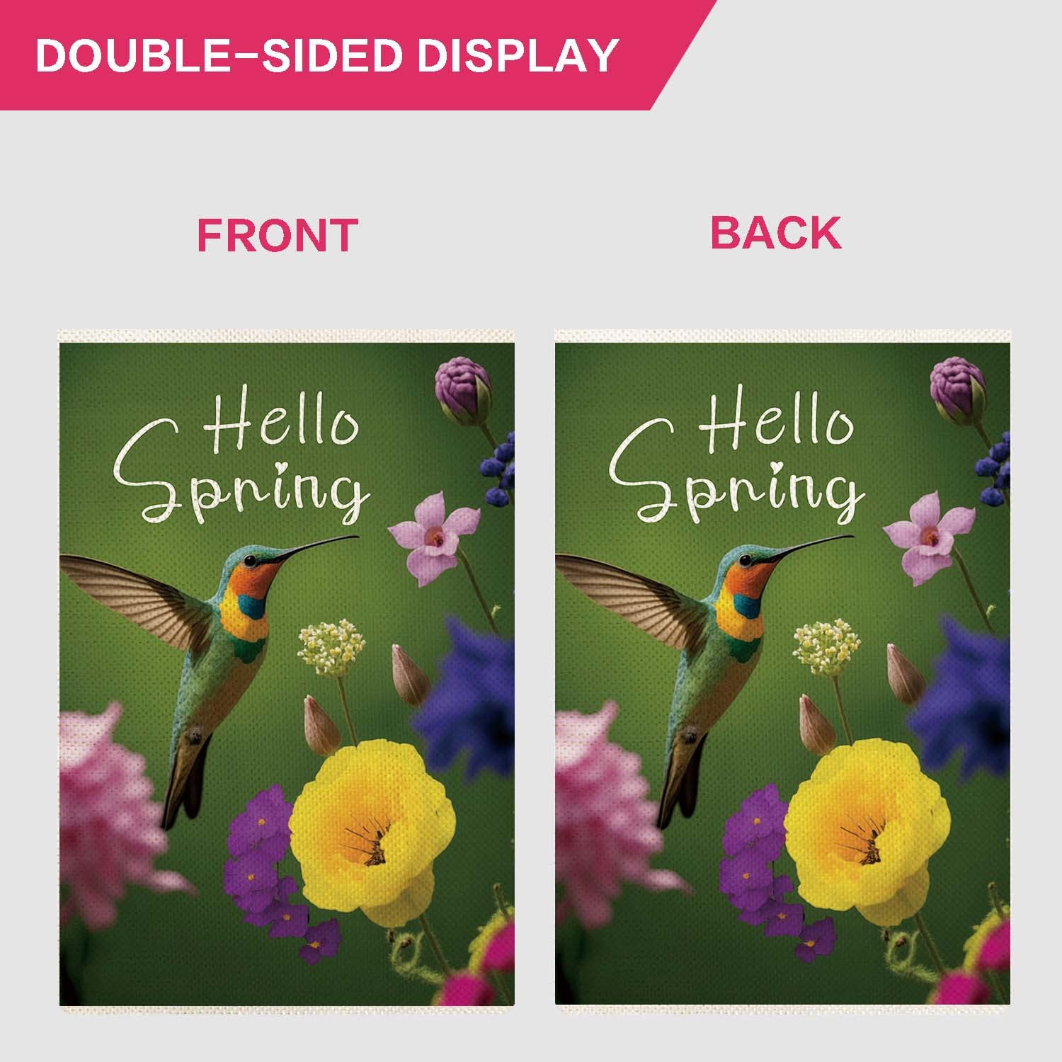 AUDRWALL Gartenflagge „Hello Spring“ – 30,5x45,7 Cm, Kolibri Mit Blumen, Doppelseitig, Leinenstoff