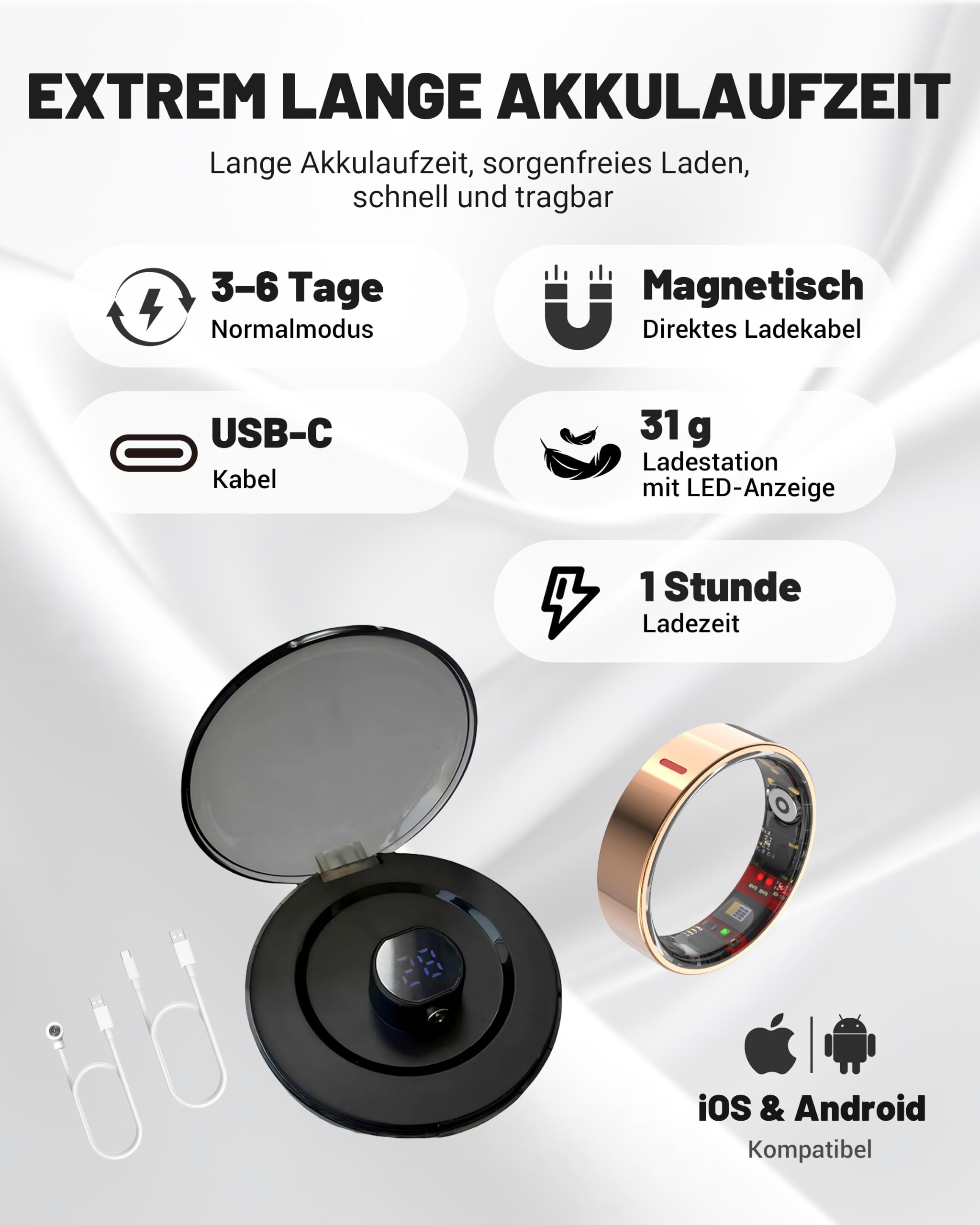 Smart-Ring mit Ladehülle, Fitness-Ring, Gesundheitsmonitor Schlaf-Herzfrequenz- & Blutsauerstoffmonitor 5ATM+IP68 wasserdicht Ohne Abo 4-7 Tage Akkulaufzeit iOS & Android kompatibel für Männer Frauen