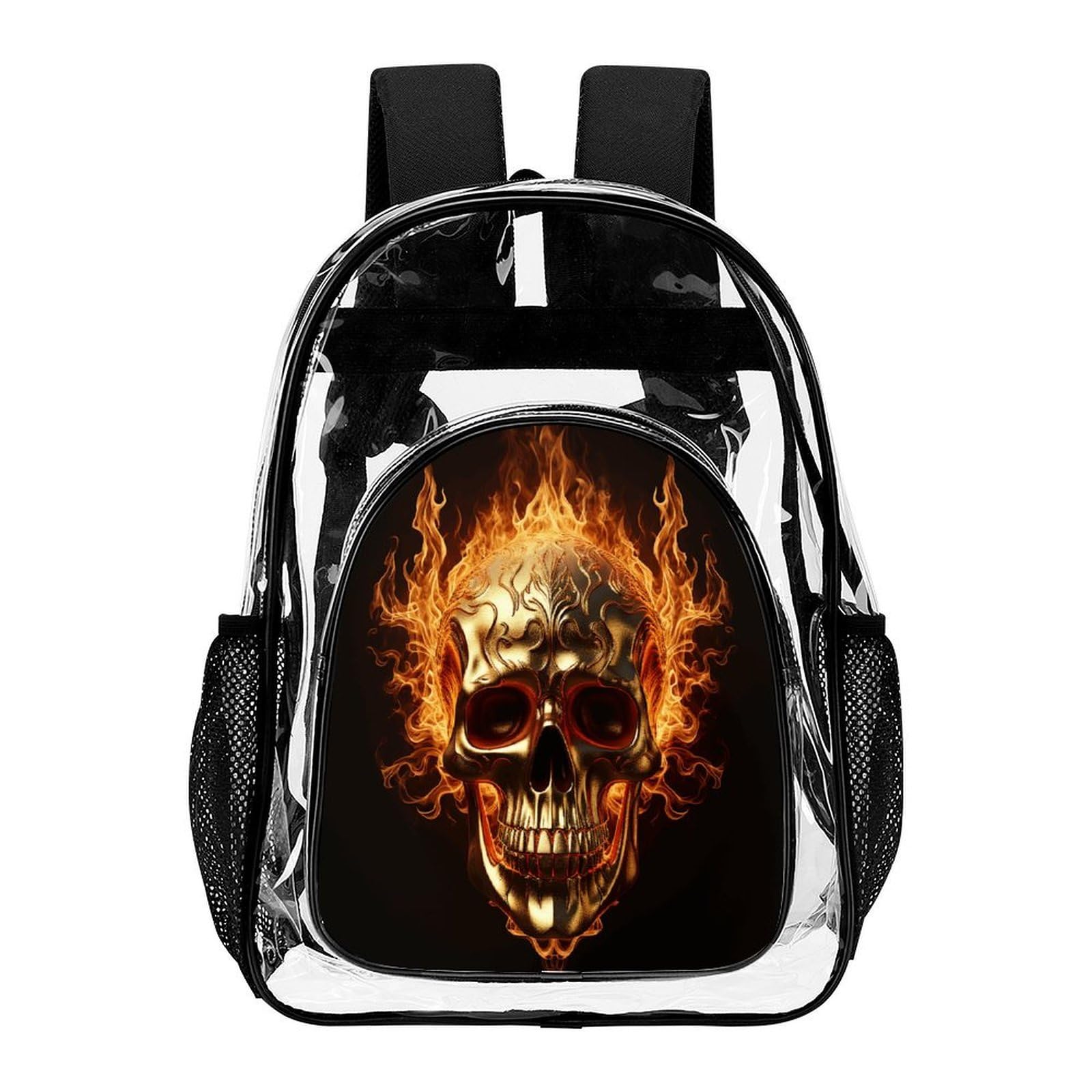 Transparenter Rucksack mit Totenkopf und Flammen, groß, transparent, PVC, Büchertasche für Sicherheit, Arbeit, Reisen, Stadion