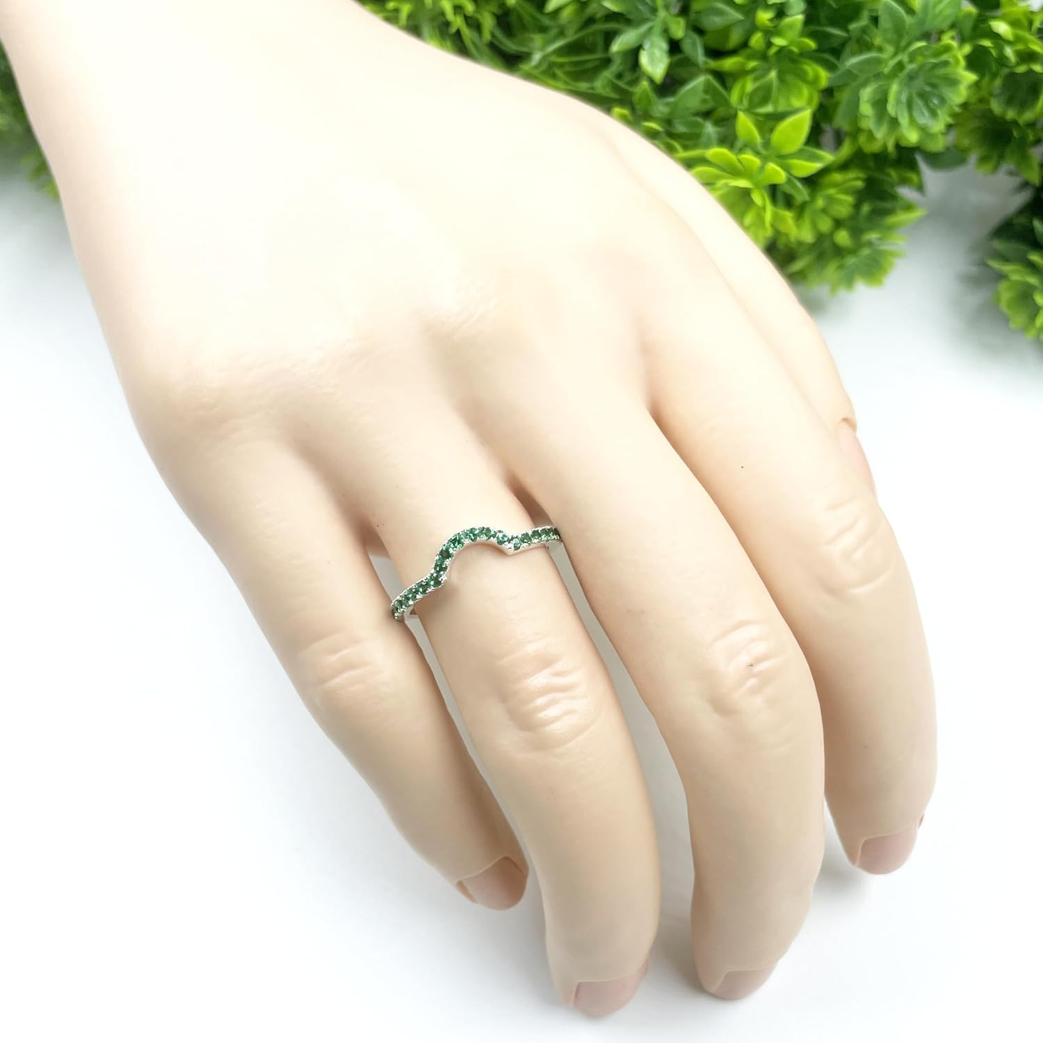 Round Cut Green Emerald Chevron Curved Wedding Anniversary Matching Band For Women, 14K Gold Plated 925 Silver May Birthstone Green Emerald Coutour Ring
