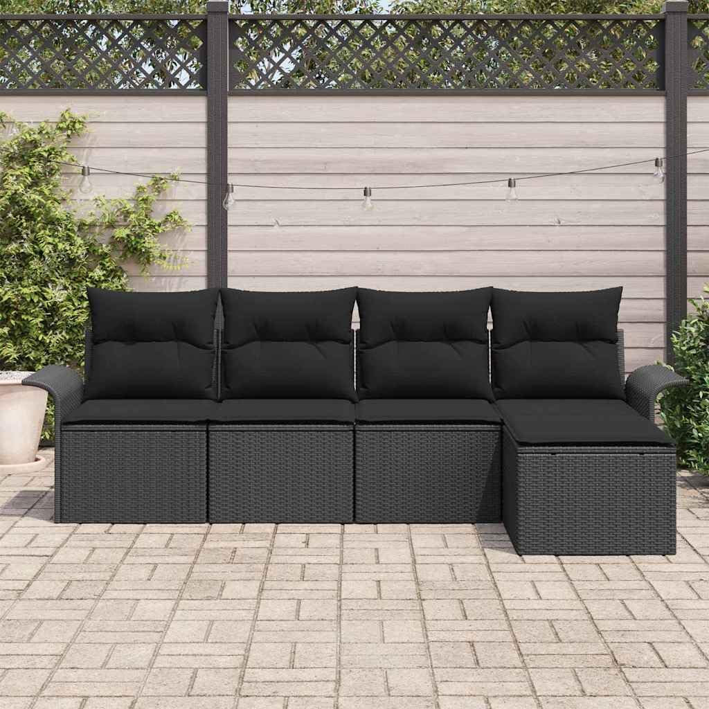 Ensemble de canapé de jardin avec coussin 5 pcs Noir polyrotin Salon de jardin modulable en polyrotin et acier résistant aux intempéries avec table en verre trempé pour patio terrasse extérieur