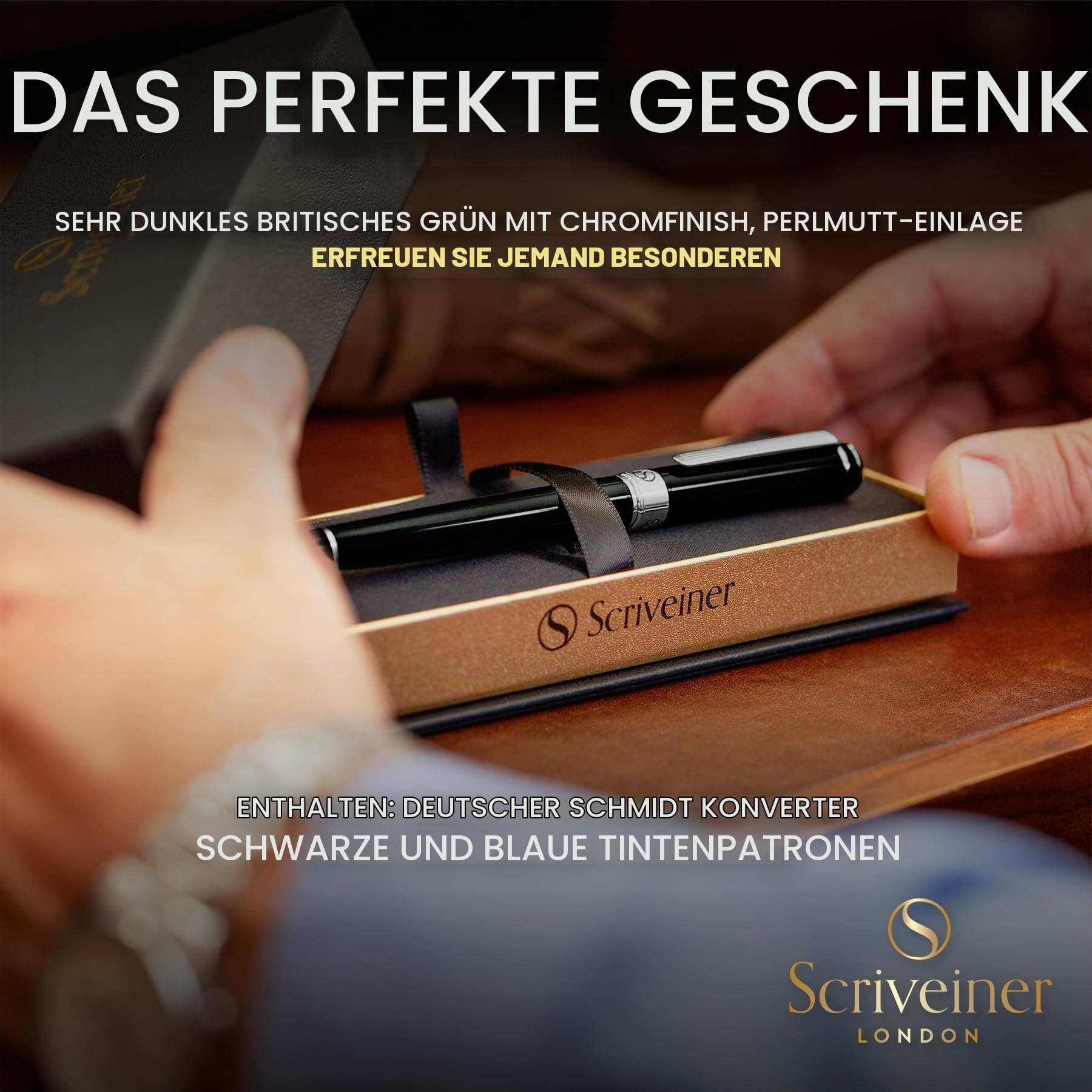 Scriveiner Atemberaubender Luxus-Füllfederhalter mit Chrom-Finish, Schmidt-Feder (Medium), Bestes Stift Geschenkset für Mann & Frau, Profi, Chefbüro, tolle Stifte