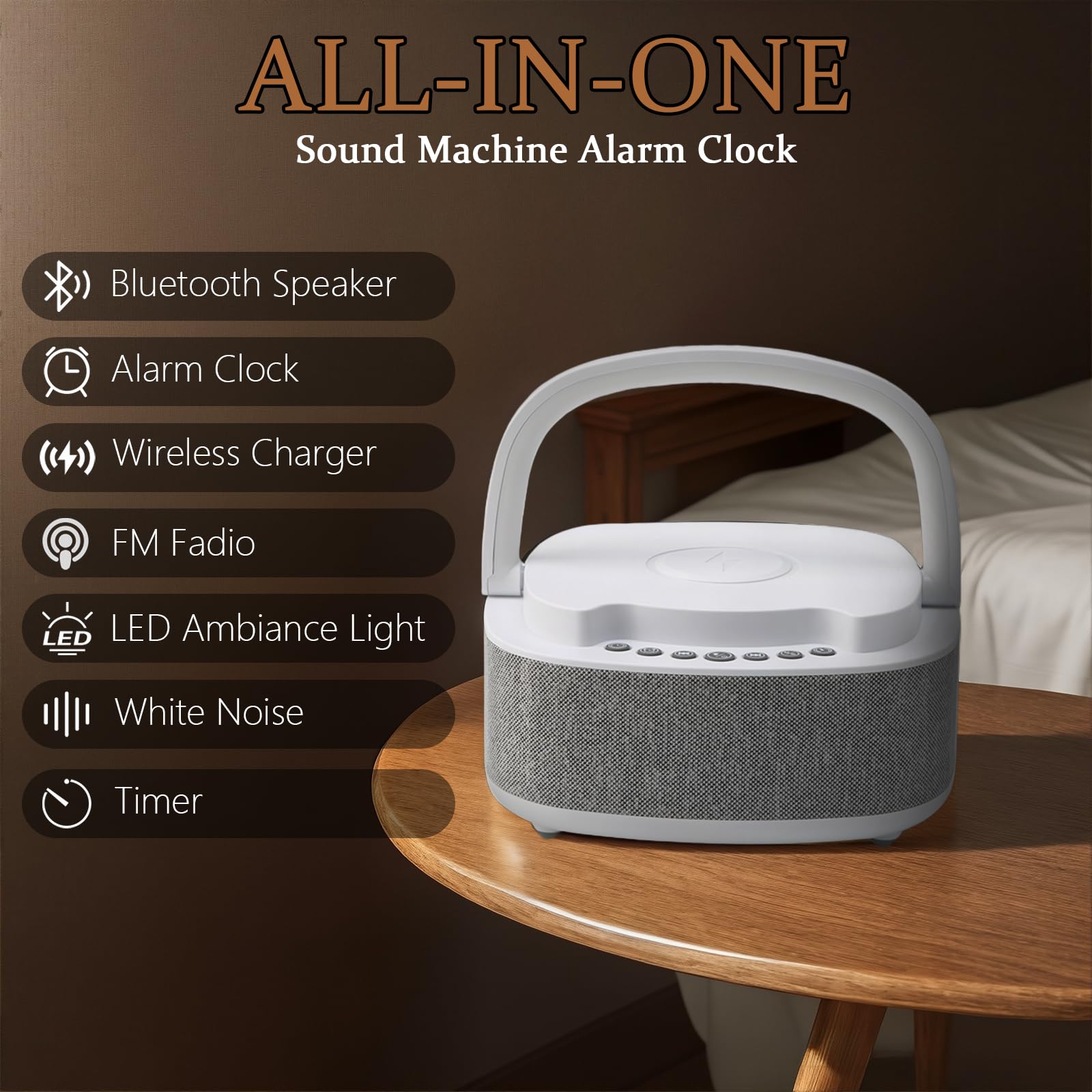 Sveglia digitale con caricatore wireless 15 W, altoparlante Bluetooth, radio FM, camera da letto, soggiorno, ufficio