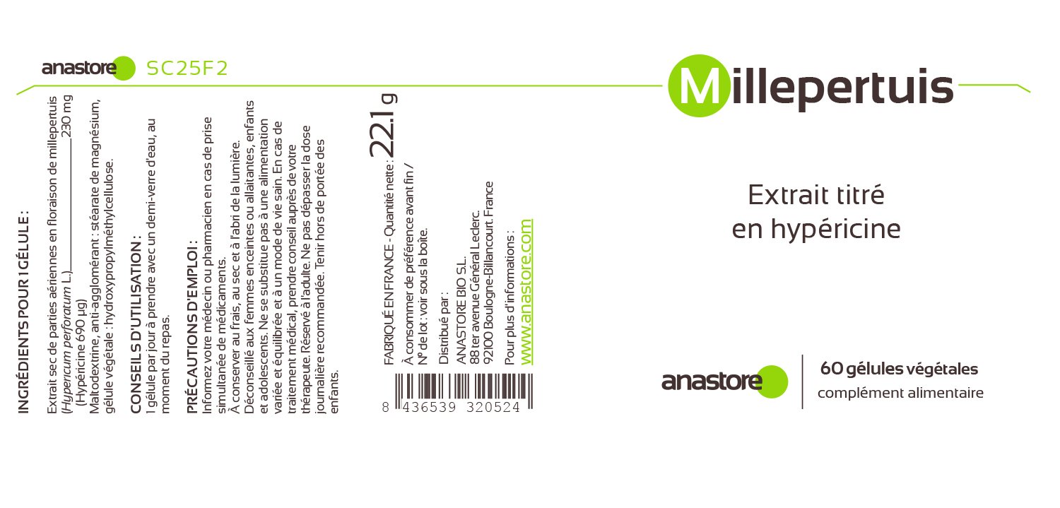 MILLEPERTUIS * 230 mg / 60 gélules * Extrait Titré en Hypéricine * Cerveau, Digestion (troubles gastro-intestinaux), Équilibre émotionnel * Fabriqué en France