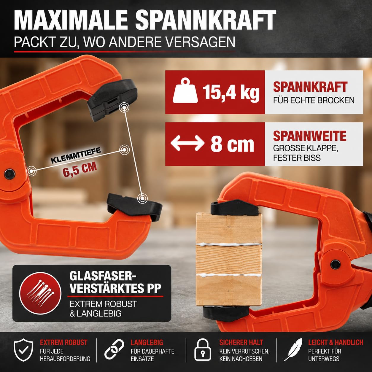 ExpertenWerk Klemmzwingen 10er Set für DIY, Werkstatt, Pool & Fotografie – extra starke Federklemmen mit 8 cm Spannweite & 15,4 kg Spannkraft – rostgeschützte Hochleistungsfeder – Designed in Germany