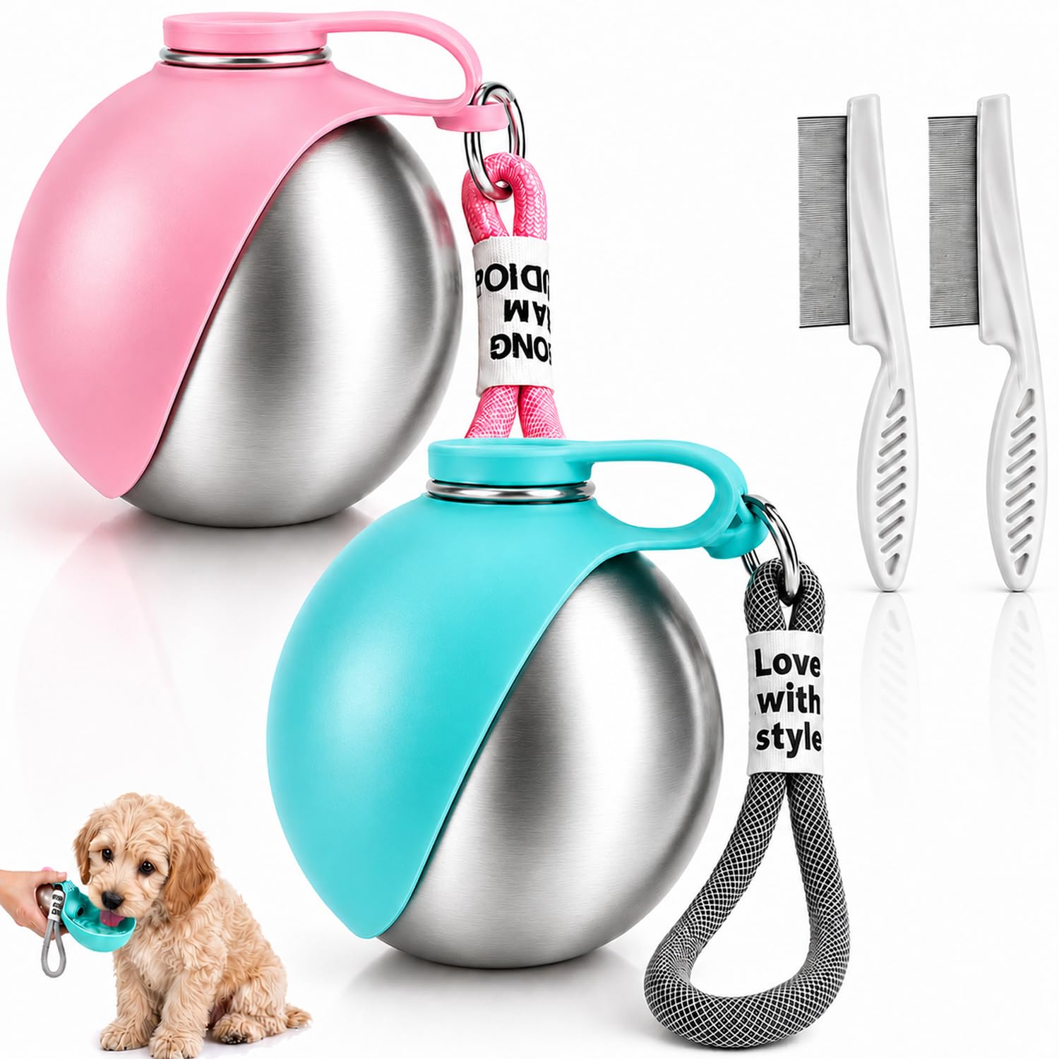 2 Pack Dog Water Bottles for Walking, 10oz Stainless Steel with 2 Flea Comb