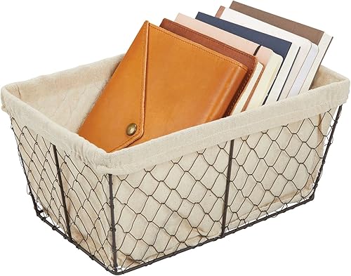 Miniatura 8 de mDesign Cesta organizadora mediana de metal para el hogar, diseño de alambre de pollo, forro de tela para cocina, baño, sala de estar, despensa,