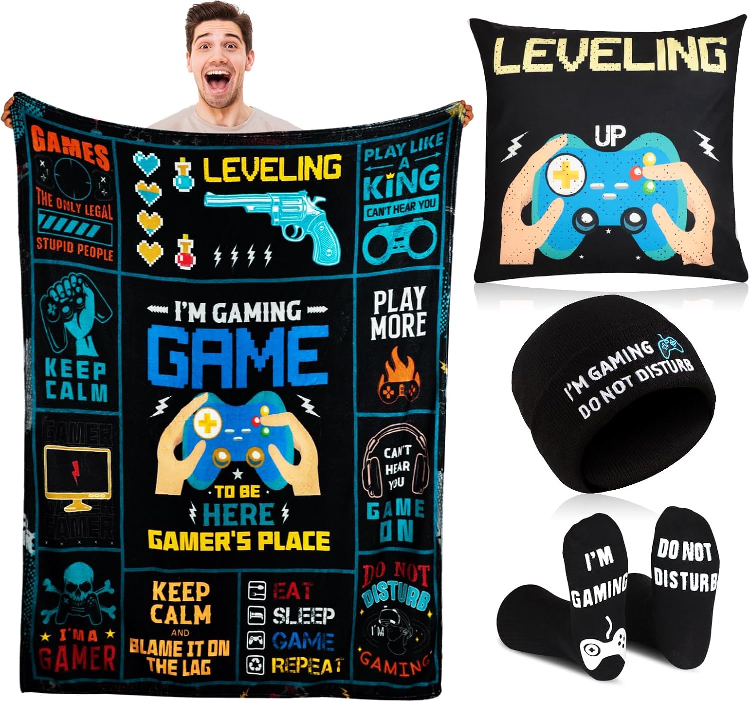 Amazon.com: 4 Pcs Christmas Gamer Gifts Set Gamer Throw Blanket Pillow