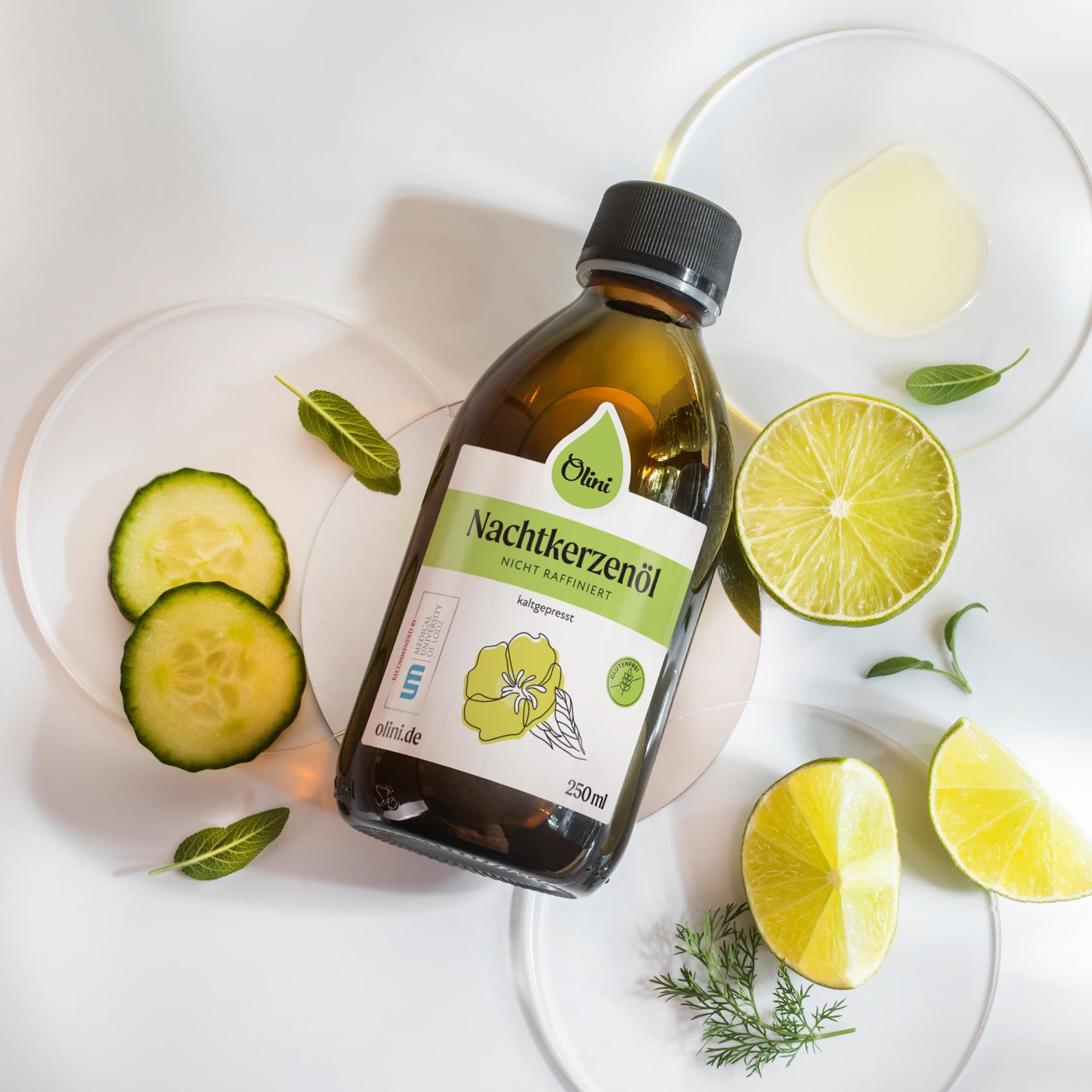 OLINI Nachtkerzenöl 250 ml Direkt aus der Ölmühle, Glasflasche, Kaltgepresst, Unraffiniert, Unbehandelt, Reich an Omega-6, Omega-3, Vitamin E, Gamma-Linolensäure GLA, Veganerfreundlich
