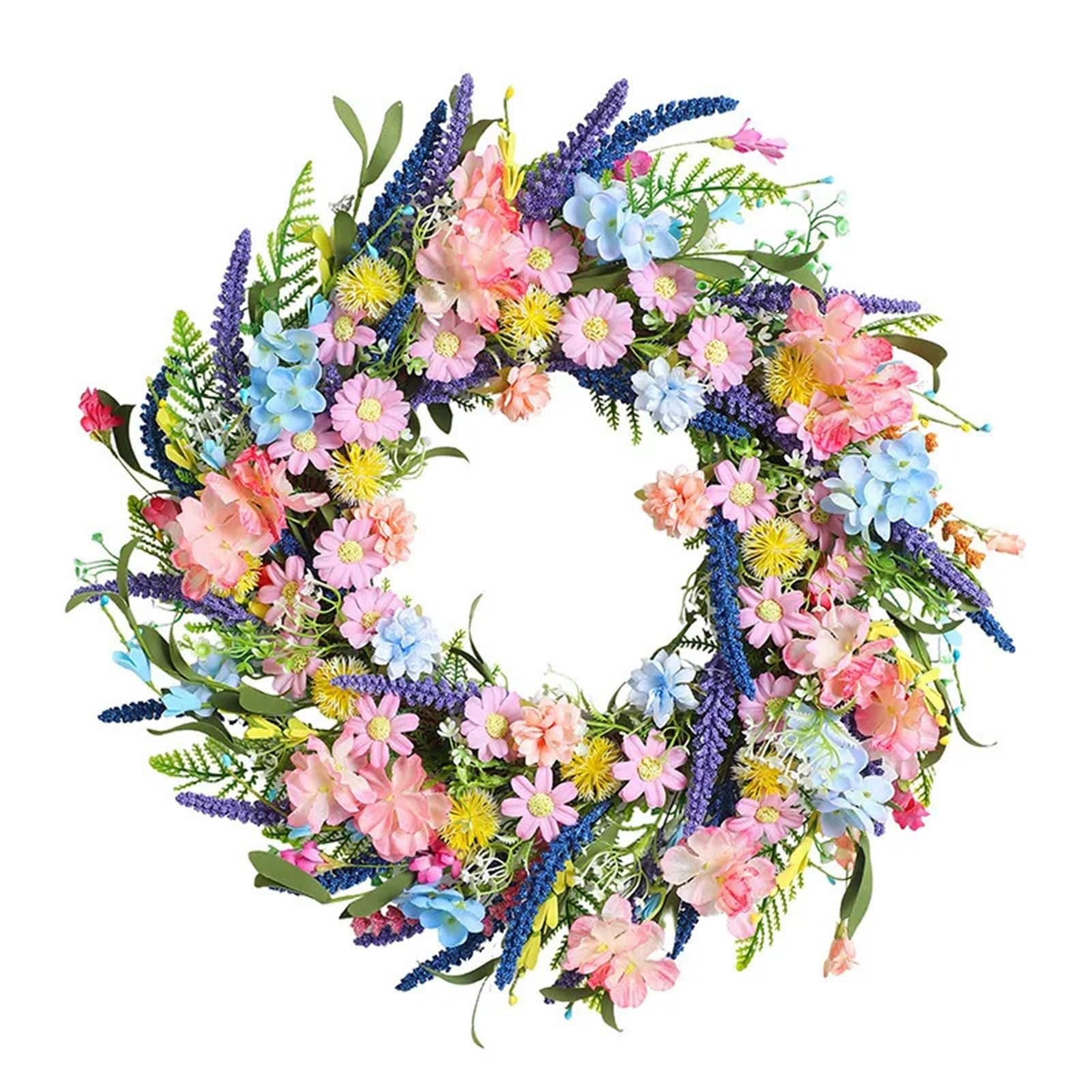 Door Wreath Spring Summer Vivid Flowers Wreath For Front Door 18inch Artificial Daisy With Greenery Wreaths Home Farmhouse Decor(Color-03)