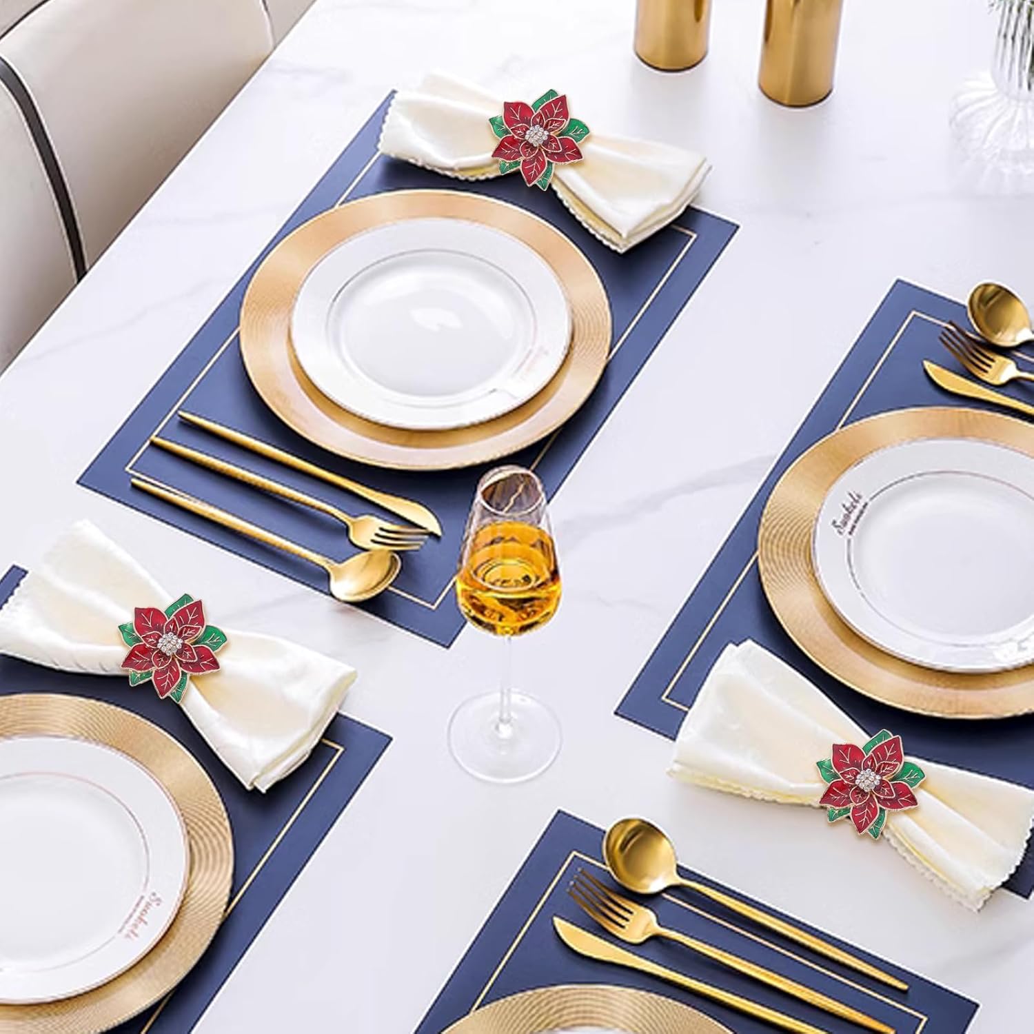 Christmas Napkin Rings Set of 12,Poinsettia Flower Napkin Rings Christmas Holders Metal Napkin Buckle for Wedding Party Birthday Table Decoration Dinning