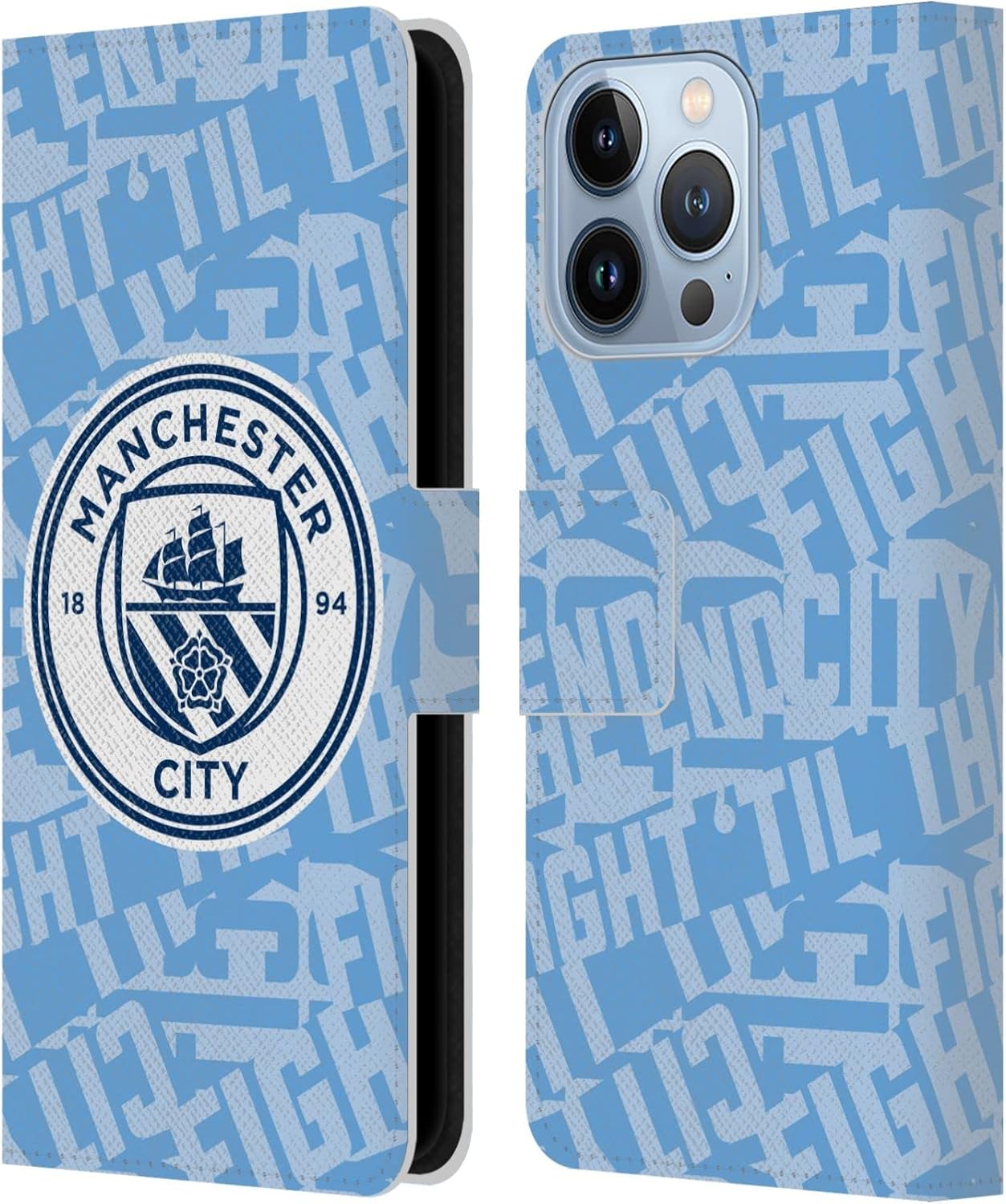 Head Case Designs Officially Licensed Manchester City Man City FC Sky Blue Fight Patterns Leather Wallet Case Compatible with Apple iPhone 13 Pro