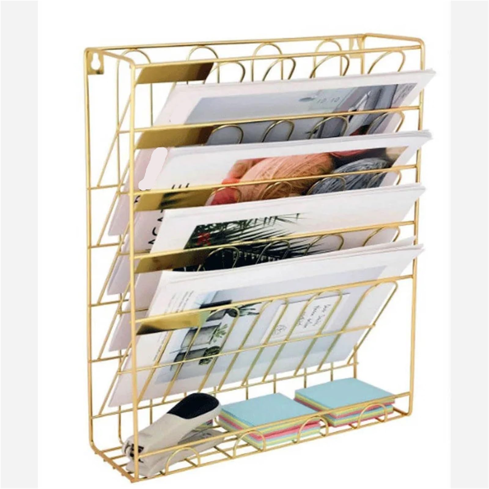 Wandordner Wall-Mounted Storage Rack Five-Story Metal Wall File Holder Newspaper Basket Paper Organizer Magazine Mail Rack Display(Gold)