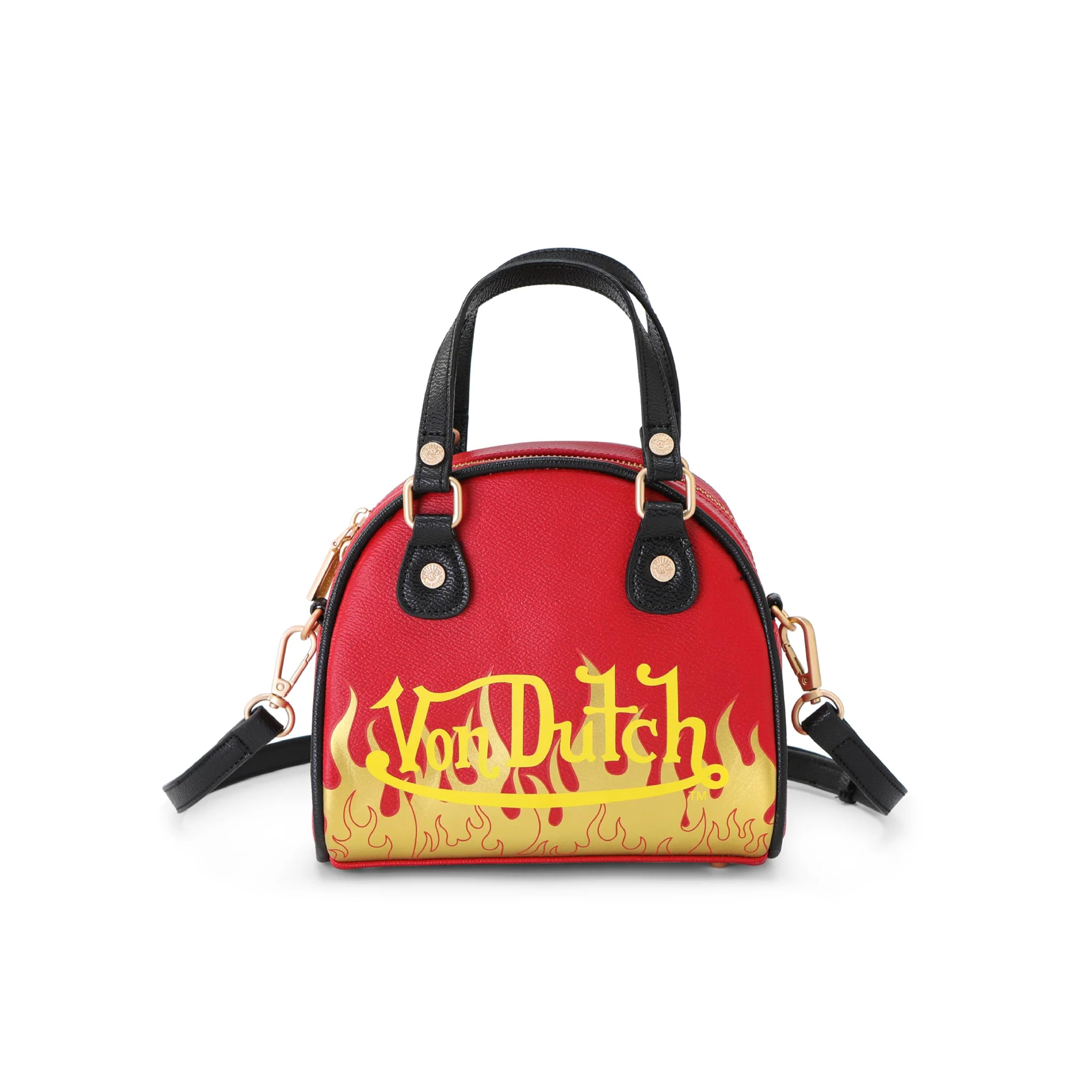 Von Dutch Flames Mini Bowling Bag | 6.8” Vegan Leather Crossbody with Logo Hardware, Top Handles & Zip Pouch