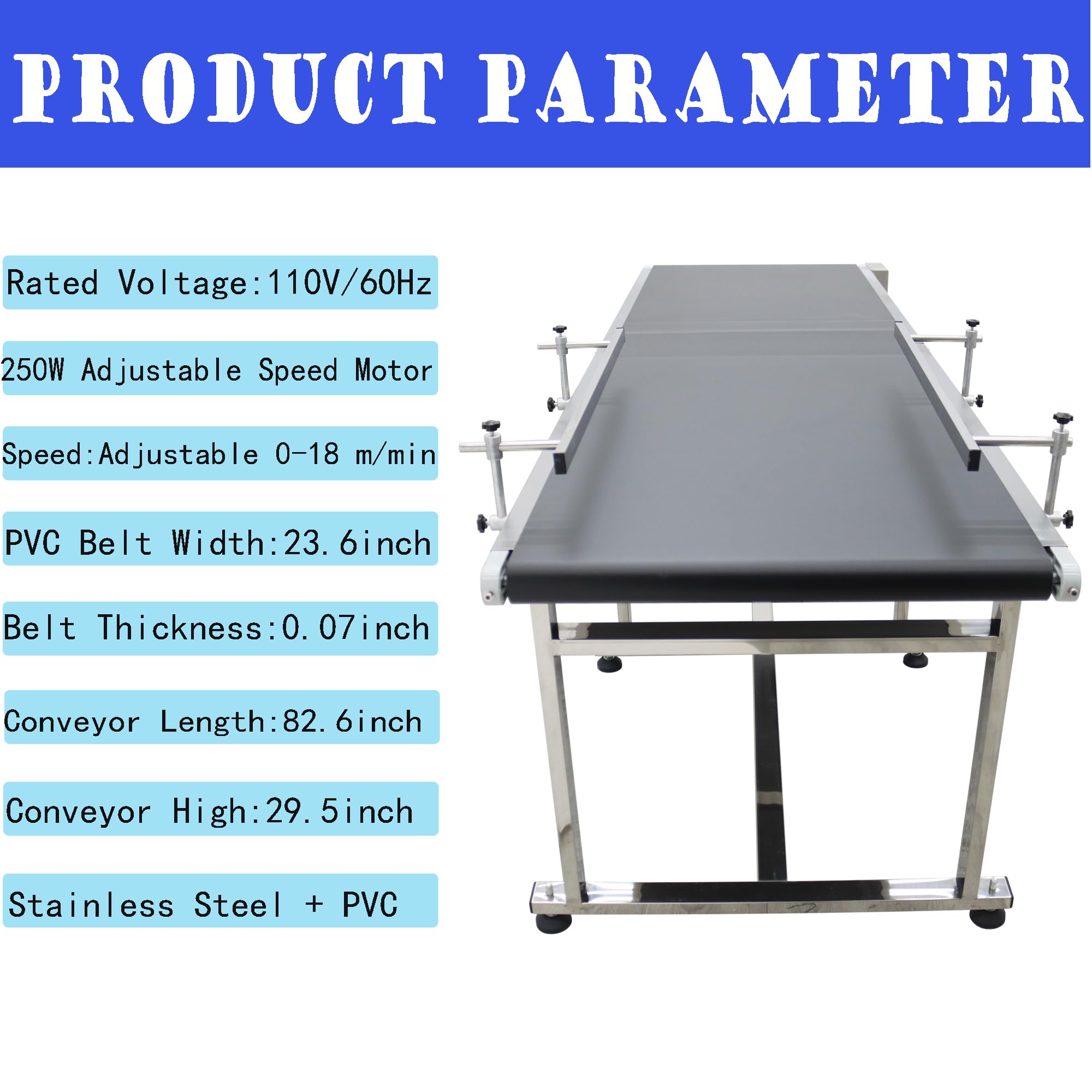 HQHAOTWU Flat Belt Conveyor PVC Belt Transport Conveyor Double Guardrails Stainless Steel Frames Industrial Transport Equipment 82.6×23.6inch