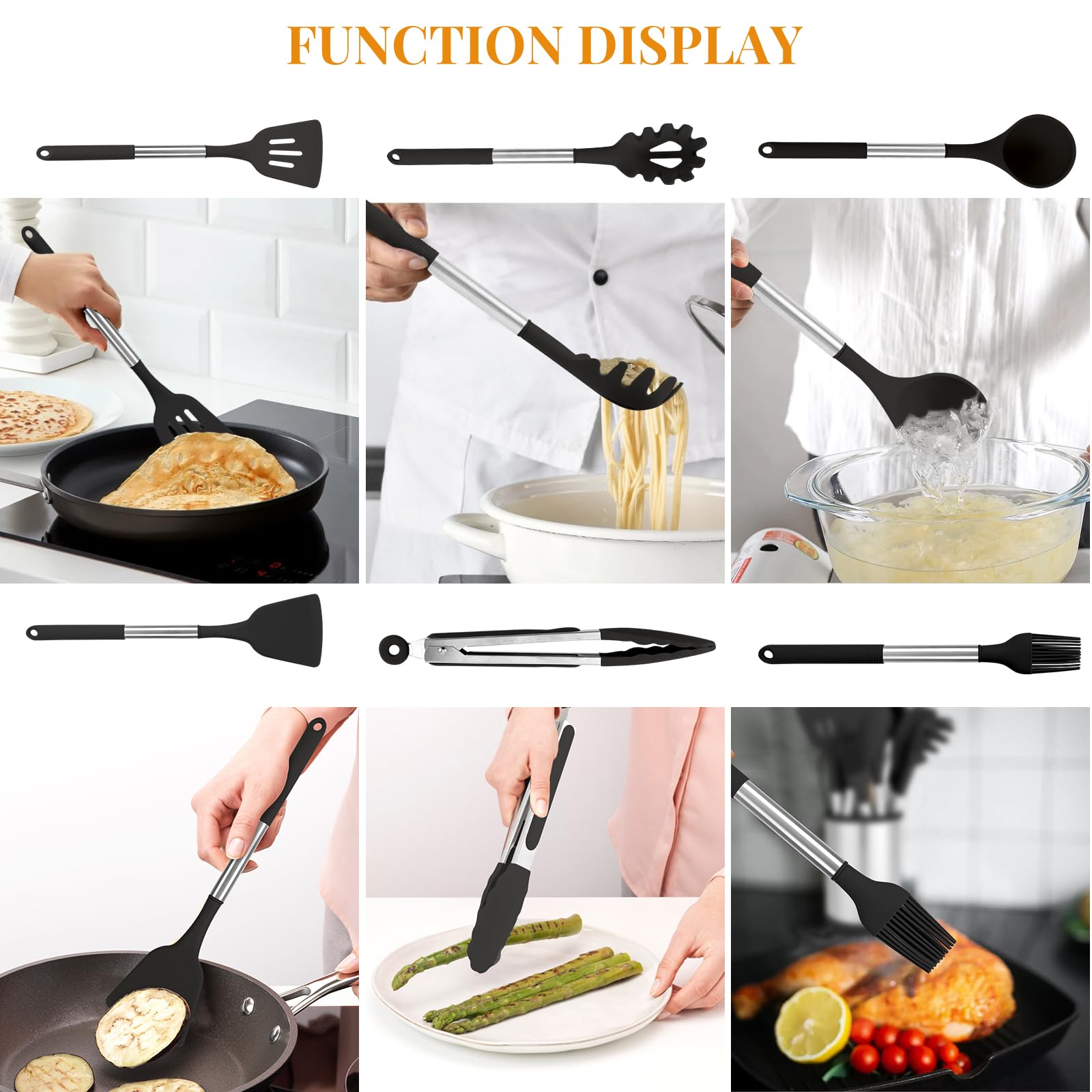 HOUJIP - Juego de utensilios de cocina de silicona, 13 piezas, antiadherentes, resistentes al calor, mango de acero inoxidable sin BPA, soporte giratorio de acero inoxidable, color negro