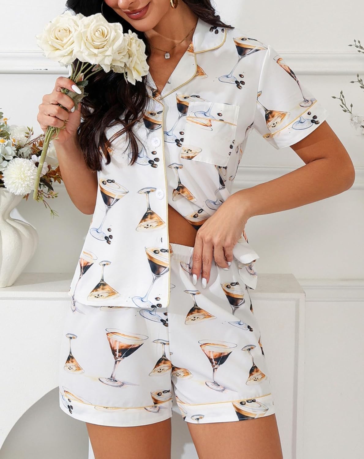 X-Image Women's Pajamas Shorts Sets 2 Piece Cute Bow Pj Set Short Sleeve Button Down Shirt Shorts Sleepwear Lounge Sets - Image 3