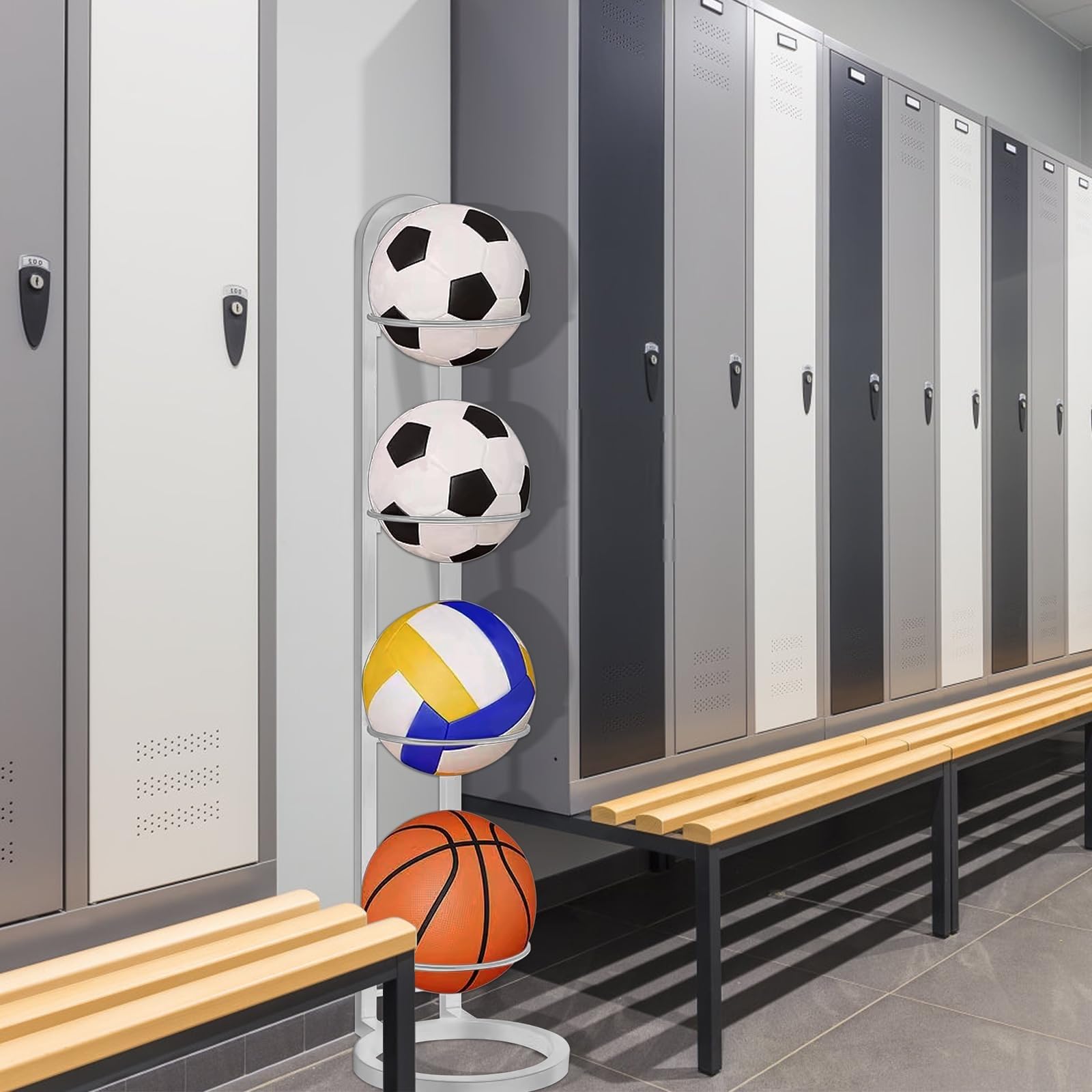 4-poziomowy sportowy stojak ekspozycyjny ze zdejmowaną kostką do koszykówki, piłki nożnej, siatkówki, trwały stojak podłogowy do przechowywania sprzętu i prezentacji