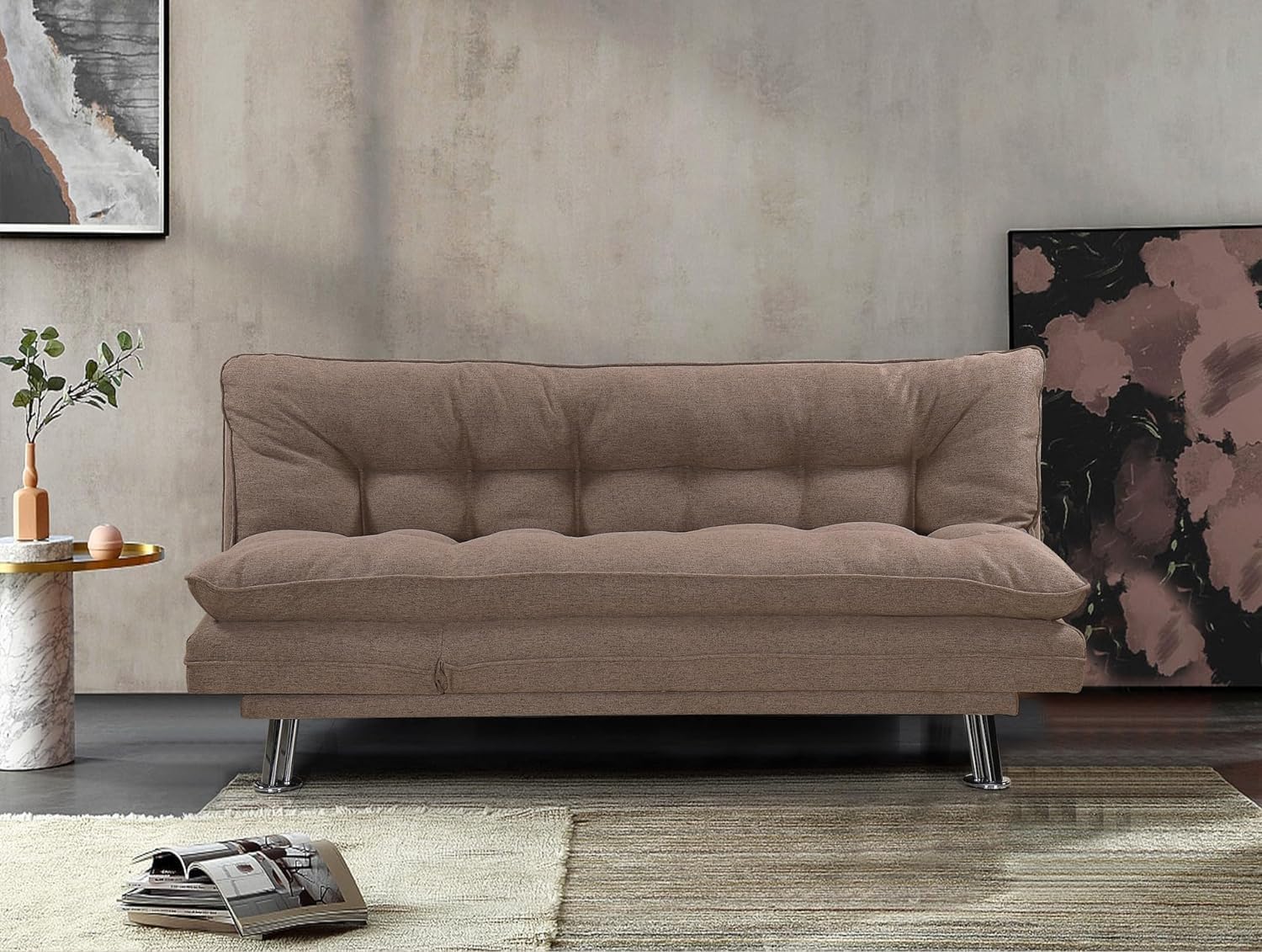 Claudia Sofa Cum Bed | Modern Design Three Seater Sofa Cum Bed | 3 Seater Sofa Bed with Chrome Legs (Brown)