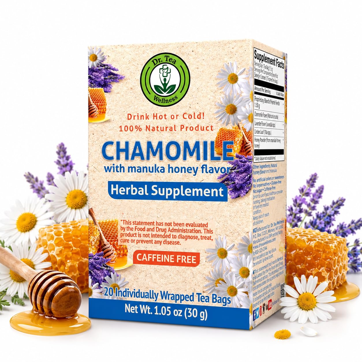 Dr. Tea Wellness - Té de hierbas de manzanilla con sabor a miel, 20 bolsas de té