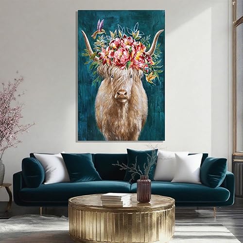 Miniatura 5 de ZENPEE Arte de pared moderno abstracto de animales, arte de pared de vaca de las tierras altas azul, decoración rústica de granja en lienzo para