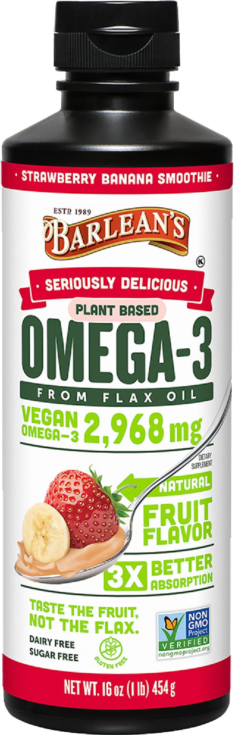 Barlean's Vegan Omega 3 6 9 Flaxseed Oil Liquid Supplement, Strawberry Banana Smoothie, Flax Seeds Oil with 2,968 mg ALA Fatty Acid, Non-GMO and Gluten Free, 16 oz