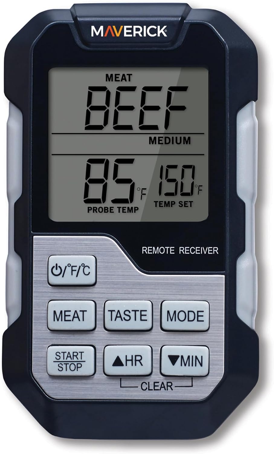 Maverick Single Probe BBQ Thermometer & Timer, Pre-Programmed Temps for 9 Meats, Color-Changing Display, Heat-Resistant Probe (662°F), Count-Up/Down Timer, Audible & Visual Alerts, Magnetic