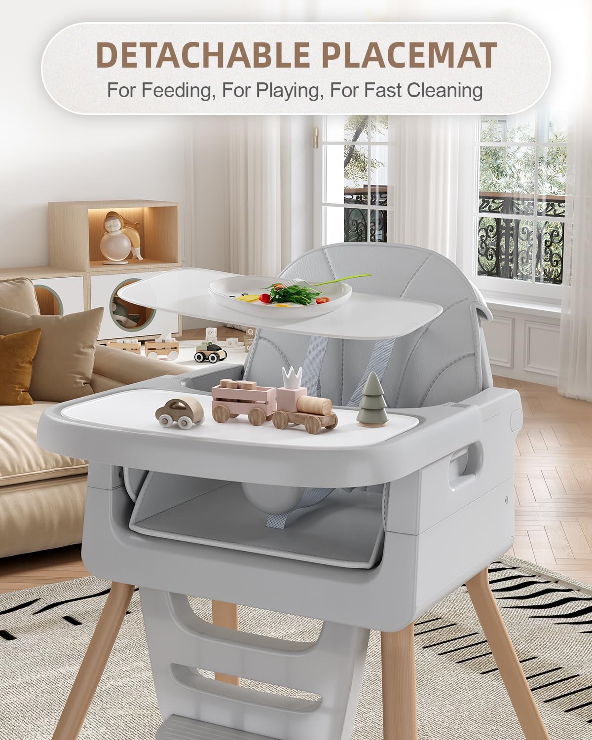 Baby High Chair for 6 Months+, Foldable High Chairs for Babies and Toddlers, Convertible Toddler Chair, Adjustable Tray & Footrest, Lightweight, Stable & Easy to Clean(Grey with Wood Grain)