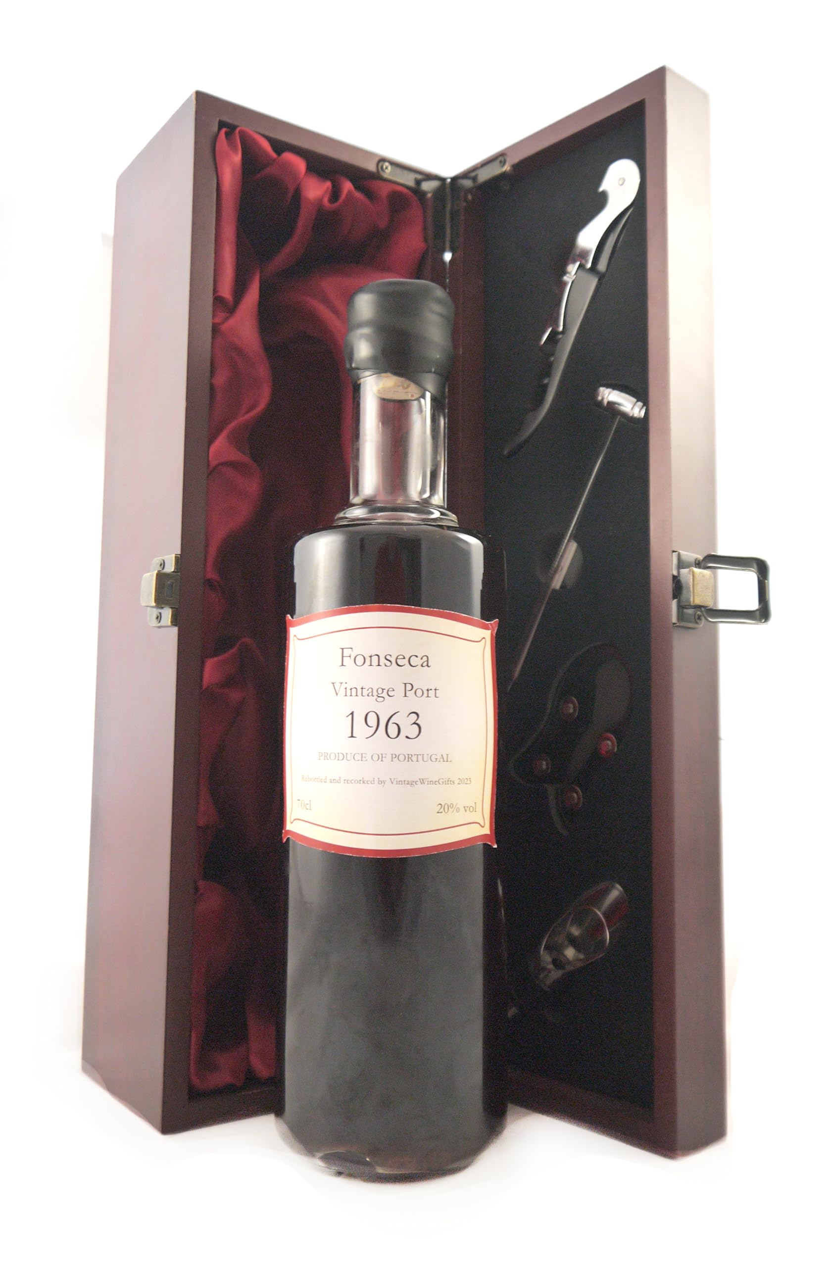 Fonseca Vintage Port 1963 (Decanted Selection) 70cls in a silk lined wooden box with four wine accessories, 1 x 700ml