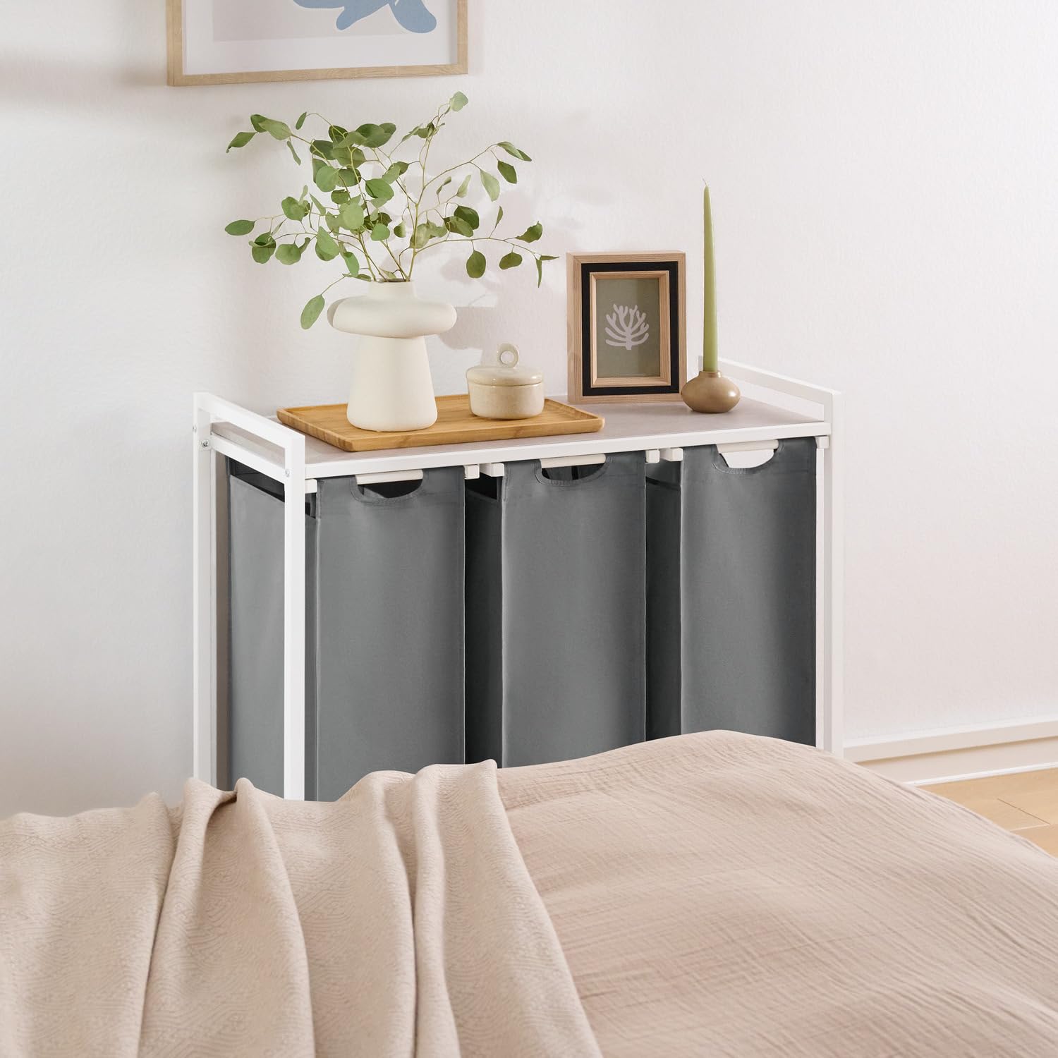 Blumtal cesto biancheria sporca 3 scomparti in grigio per organizzare - cesta portabiancheria design scomparti estraibili con ripiano superiore in materiale effetto cemento - struttura in metallo nero