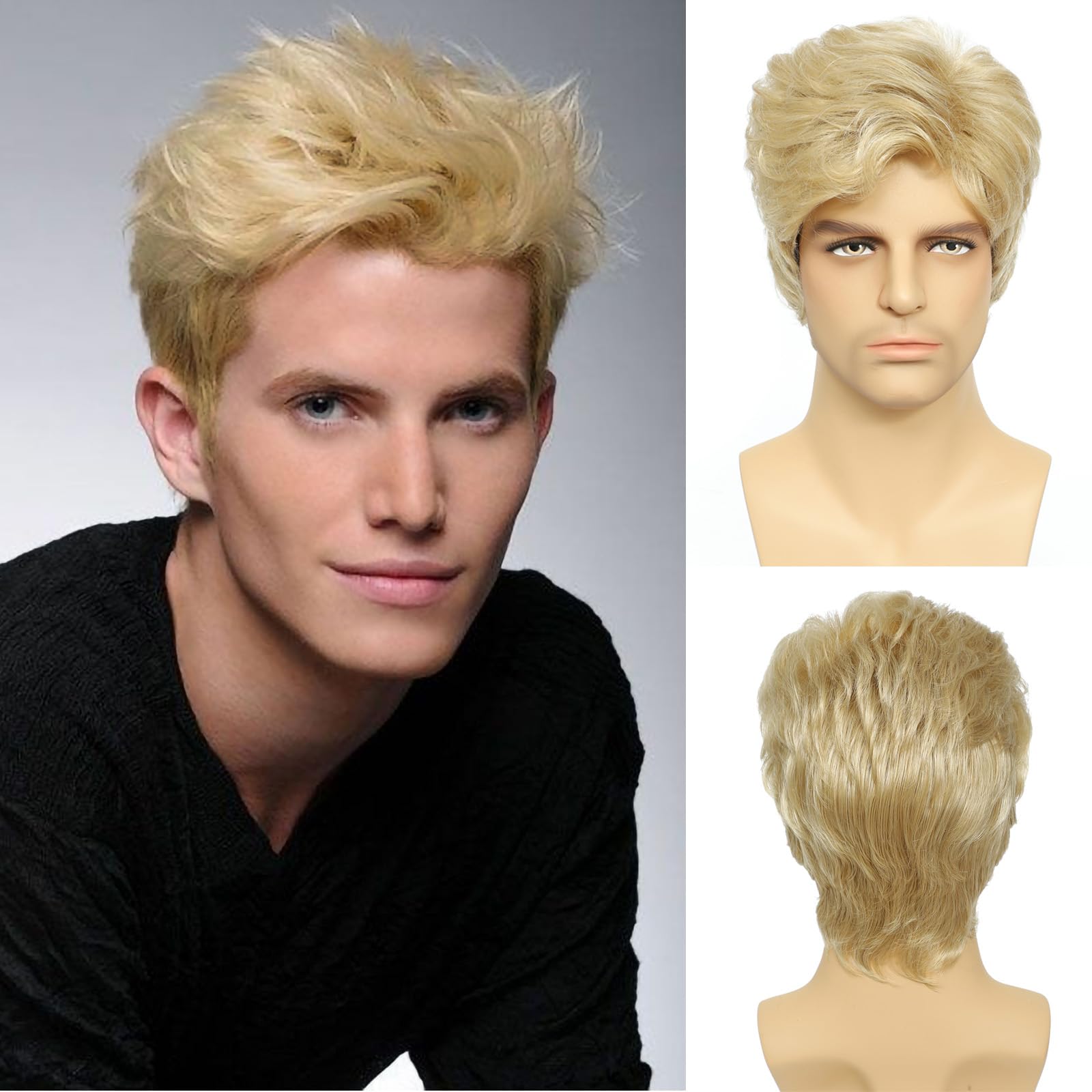 DARLIN HAIR Mens Blonde Wig, Short Blonde Wig Men Natural Layered Fluffy Synthetic Heat Resistant Halloween Cosplay Wig