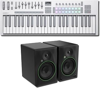 Novation Launchkey 49 MK4 White MIDI Keyboard Controller Bundle with Mackie CR8BT 8-Inch Bluetooth Studio Monitors — 16 Pads, 9 Faders, 140W 44Hz Pair for Music Production, Beat Making, Streaming